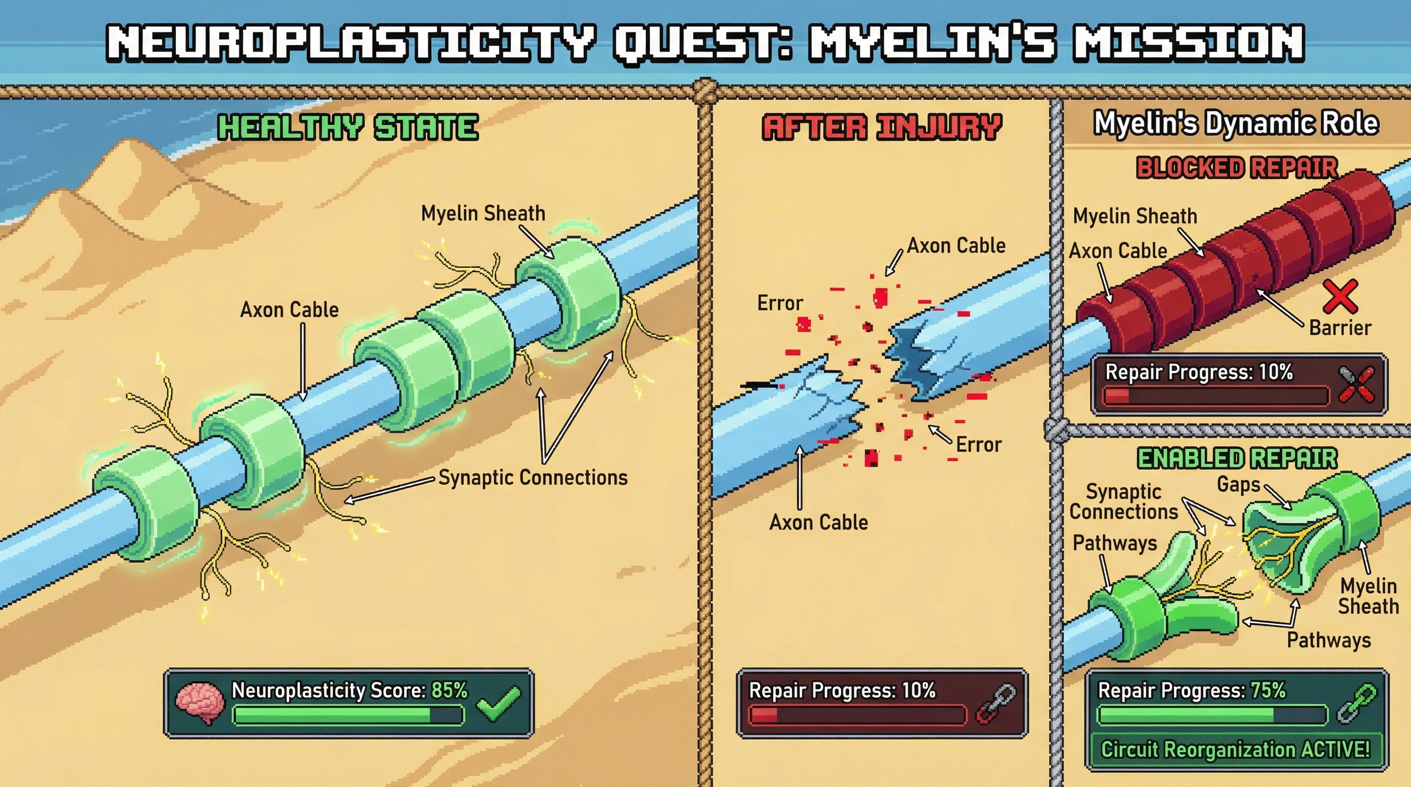 Infographic for: Myelin is not static insulation—it is a dynamic structure that enables or blocks neuroplasticity after injury