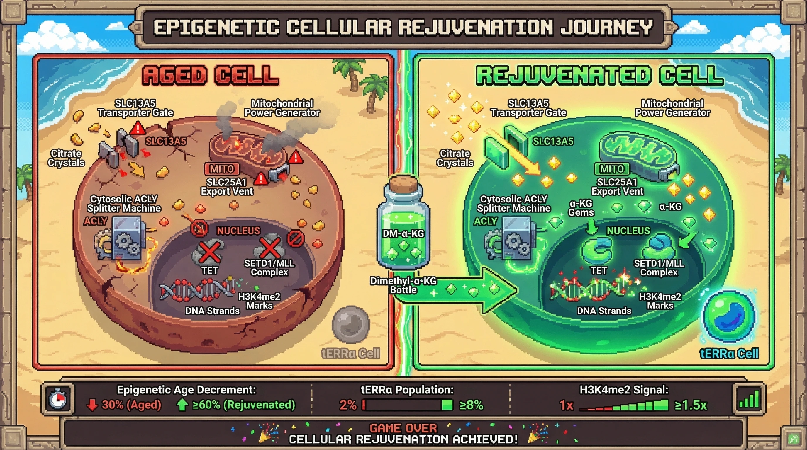 Infographic for: Mitochondrial α‑KG import via SLC13A5 gates the tERRα subpopulation and determines completeness of epigenetic resetting during partial reprogramming