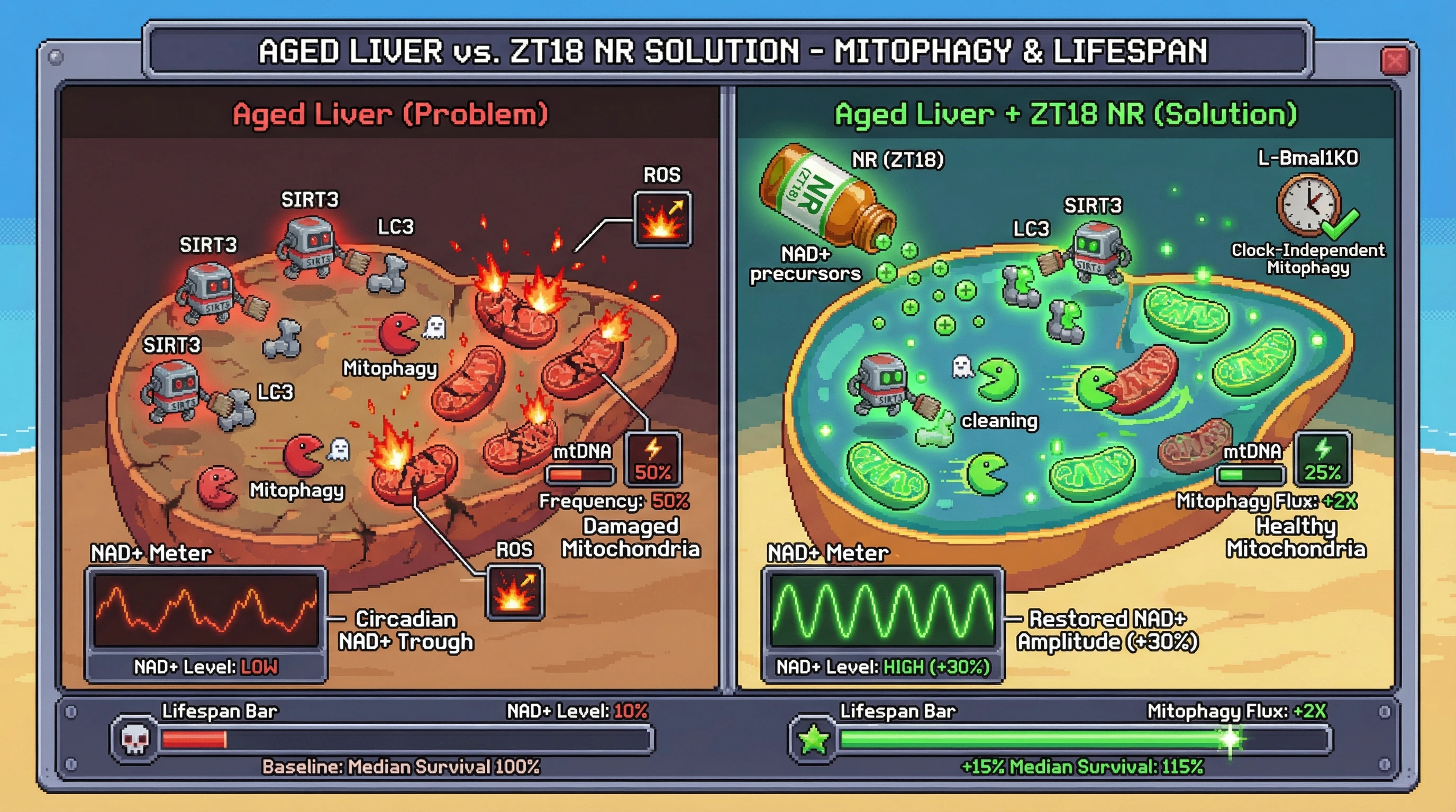 Infographic for: Timed NAD+ Precursors Rescue Circadian‑Deficient Mitophagy and Extend Lifespan by Reinforcing Mitochondrial Quality Control