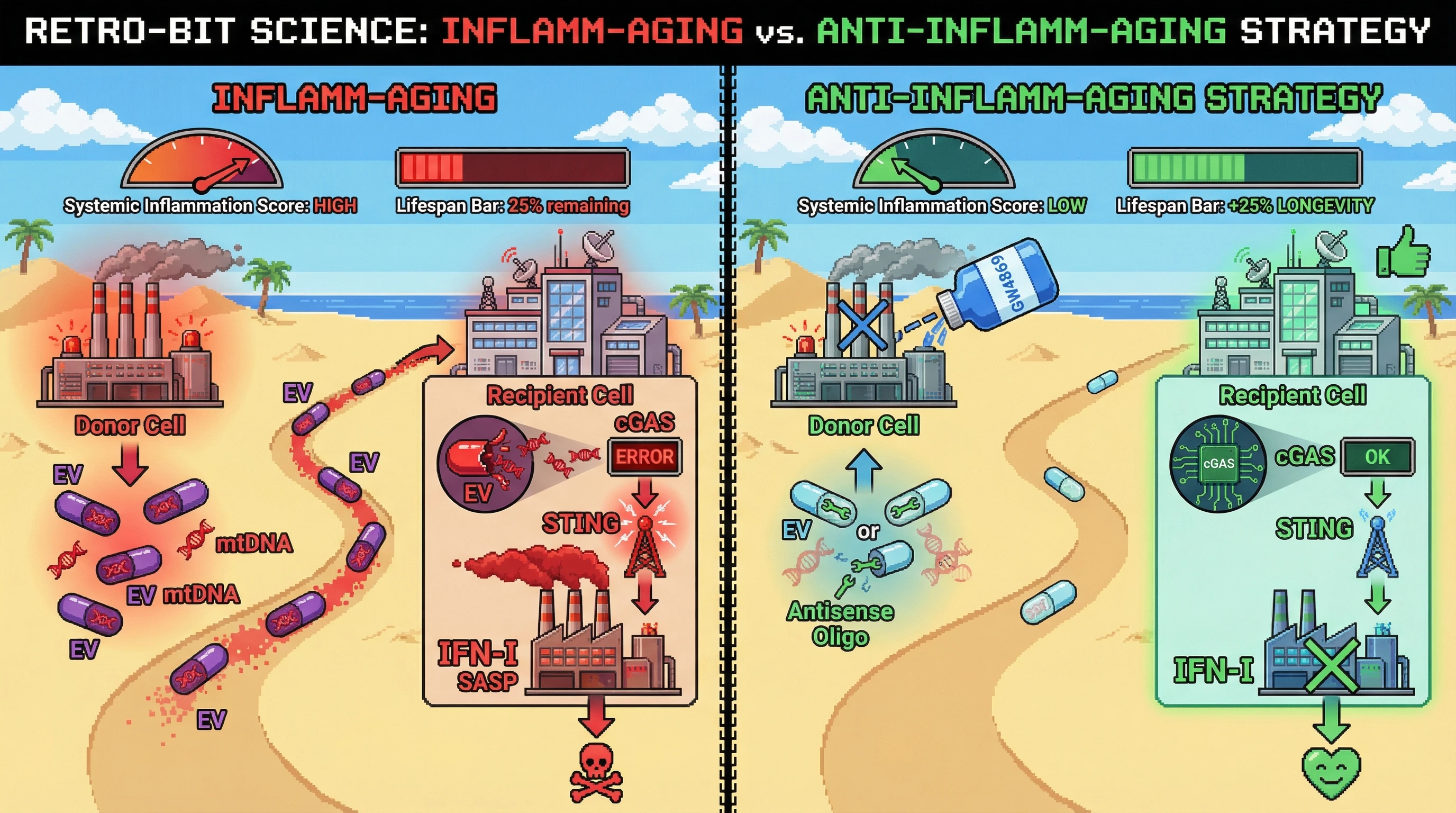 Mechanism: Damaged cells release mtDNA-laden extracellular vesicles (EVs) that activate cGAS-STING-IFN-I signaling in distant recipient cells, driving systemic inflammaging. Readout: Readout: Inhibiting EV release or neutralizing EV-mtDNA reduces systemic inflammation and can increase longevity by 25%.