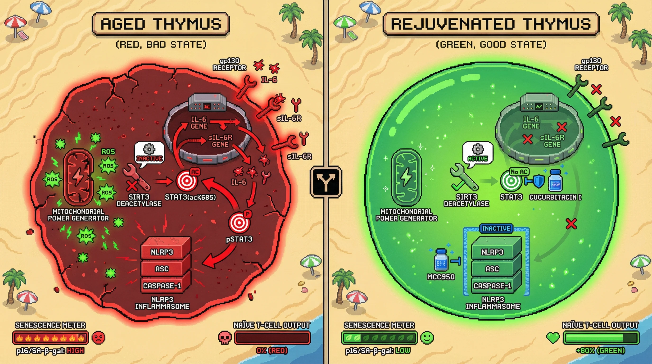 Infographic for: NLRP3 inflammasome activation in thymic epithelial cells triggers mitochondrial ROS‑dependent STAT3 acetylation, amplifying IL‑6 trans‑signaling and creating a feed‑forward loop that drives age‑related thymic involution