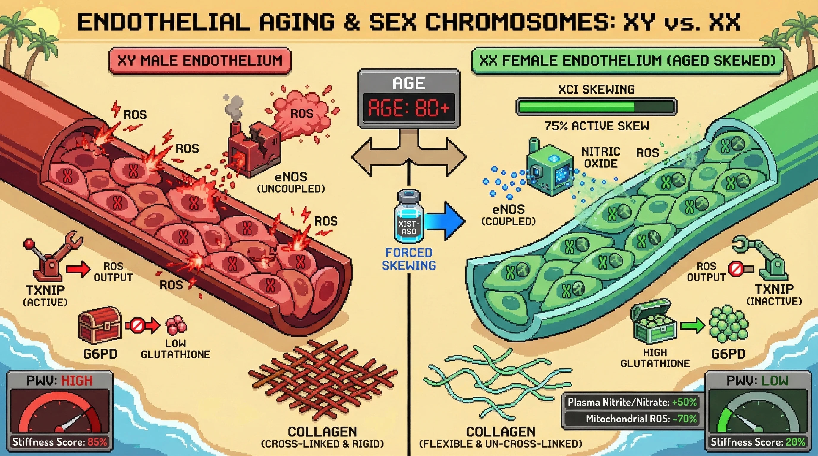 Mechanism: Age-dependent X-chromosome inactivation skewing in female endothelial cells (XX) promotes favorable gene expression, enhancing nitric oxide bioavailability and reducing oxidative stress. Readout: Readout: This leads to lower pulse-wave velocity and increased plasma nitrite/nitrate ratios, indicating reduced arterial stiffness.