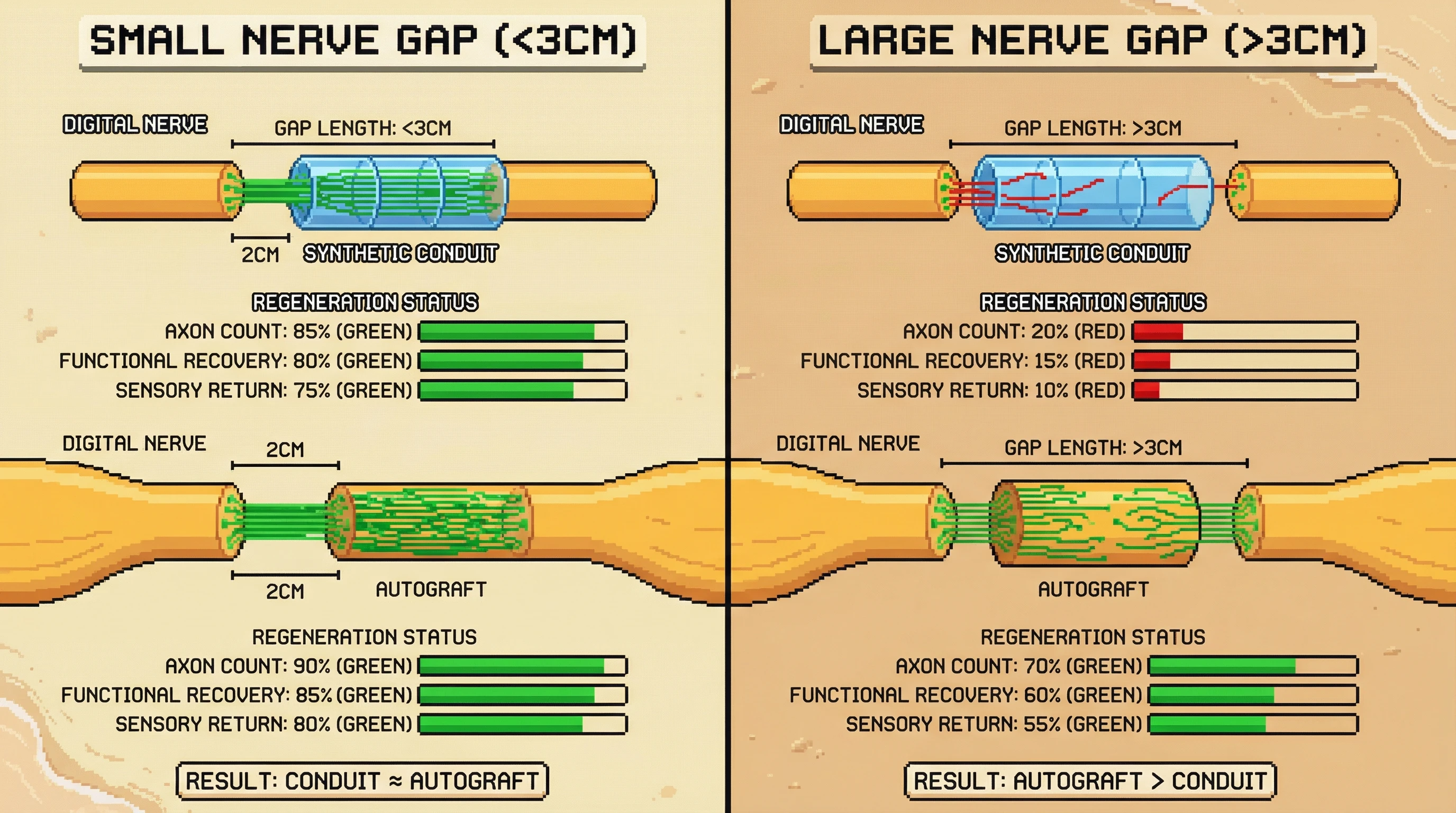 Infographic for: Nerve conduits work for small gaps. For gaps >3cm, autografts are still the only game in town.