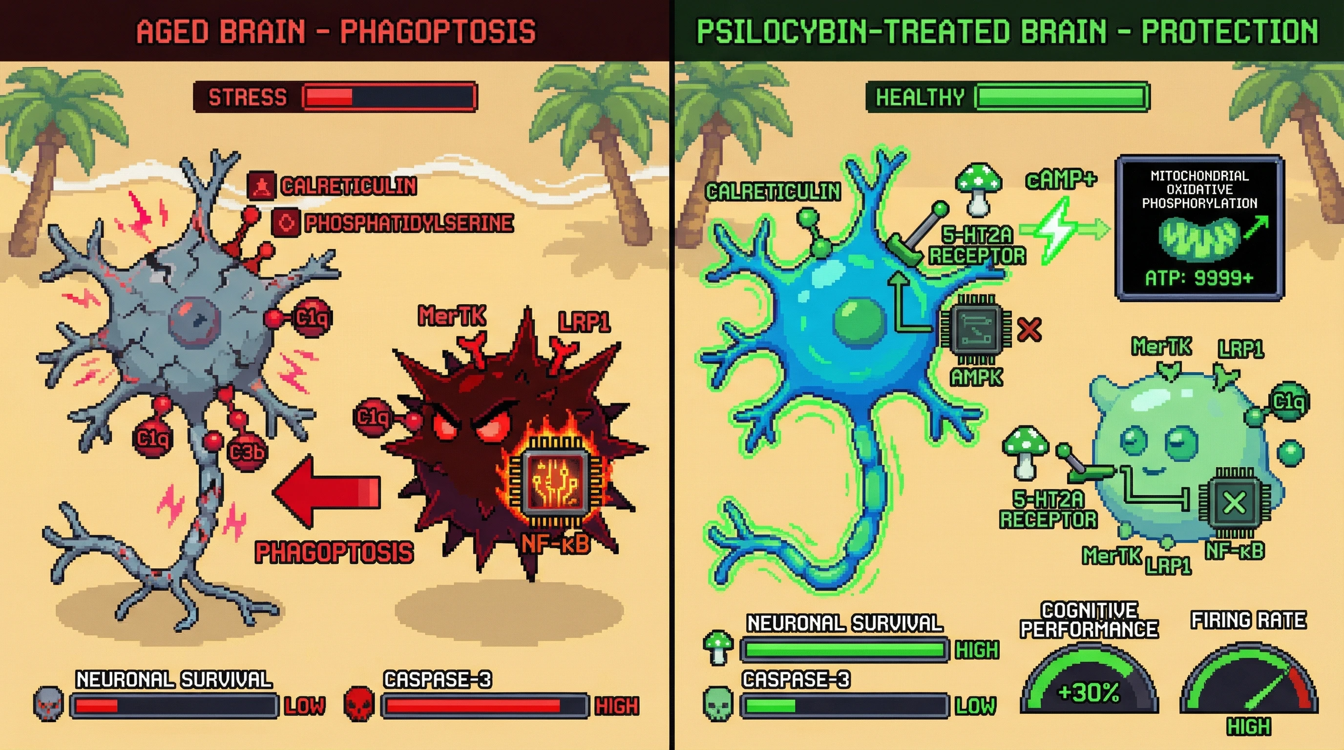 Infographic for: Psilocybin suppresses microglial phagoptosis of stressed neurons, preserving cortical efficiency in aging