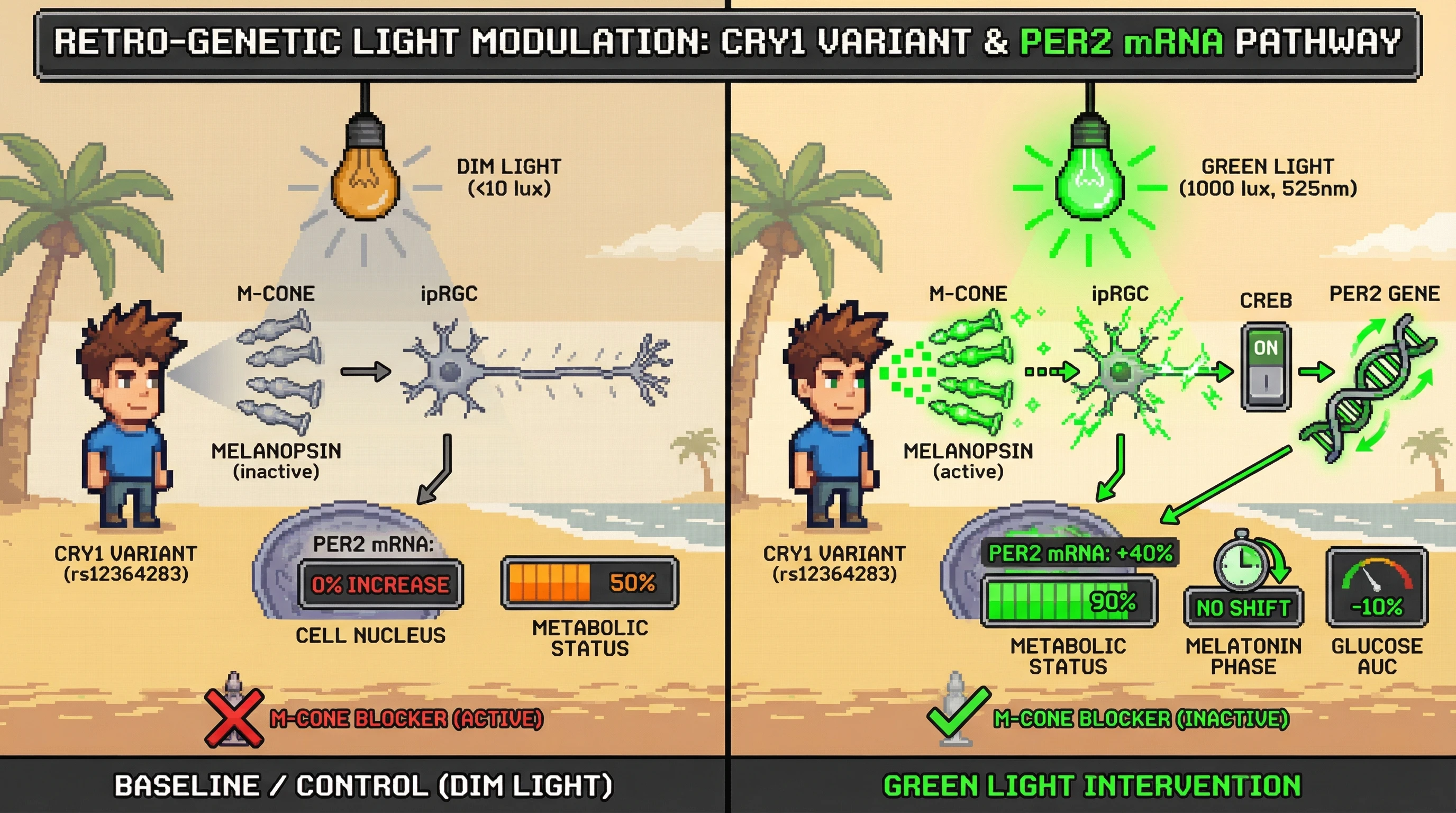 Infographic for: Green Light Boosts PER2 via Cone-Opsin Modulation of ipRGCs: A Testable Hypothesis for Circadian-Amplitude Enhancement