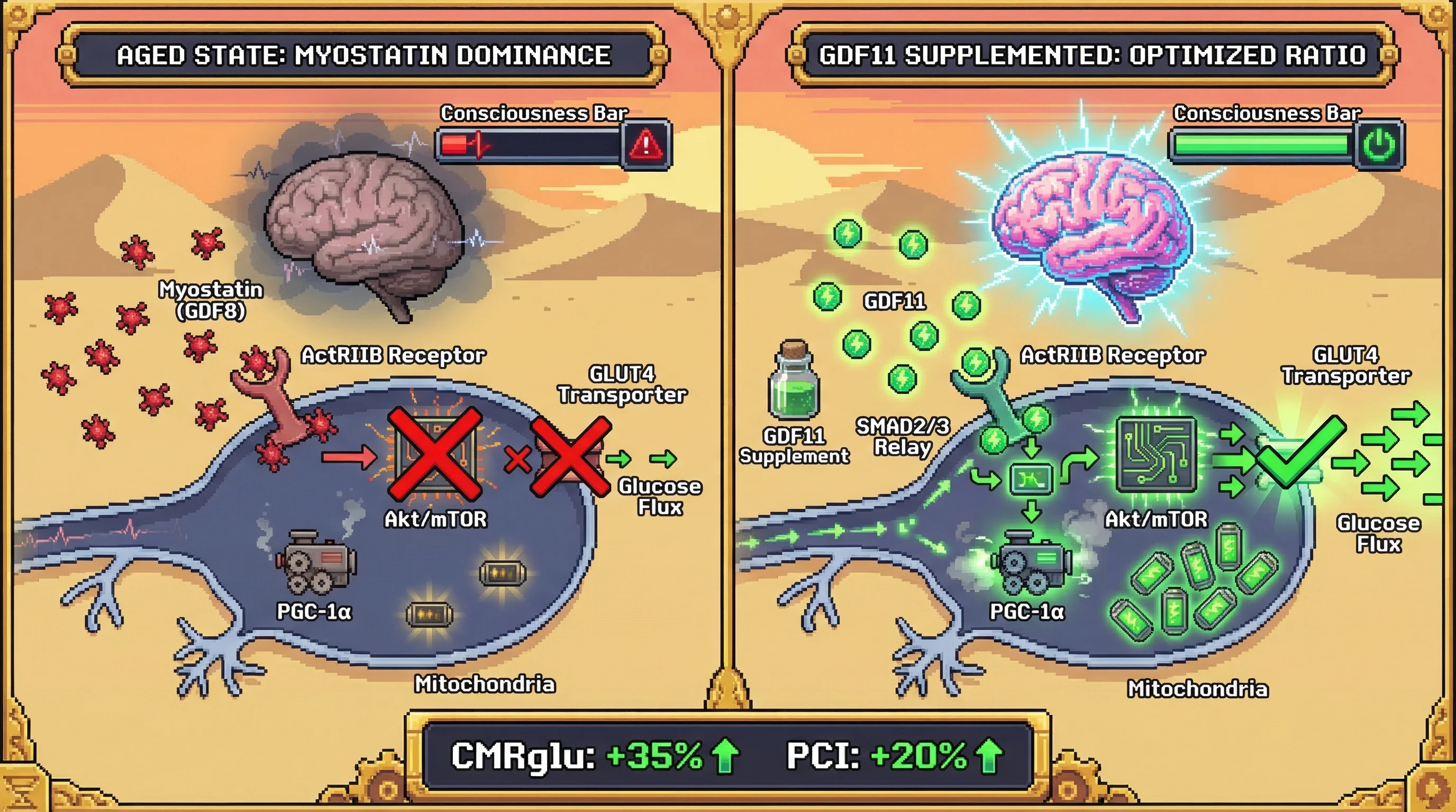 Mechanism: An optimal GDF11/Myostatin ratio facilitates neural glucose flux by promoting mitochondrial biogenesis and GLUT4 translocation, enabling high-energy demanding conscious states. Readout: Readout: GDF11 supplementation restores cerebral metabolic rate for glucose (CMRglu) by 35% and increases the Perturbational Complexity Index (PCI) by 20% in aged brains.
