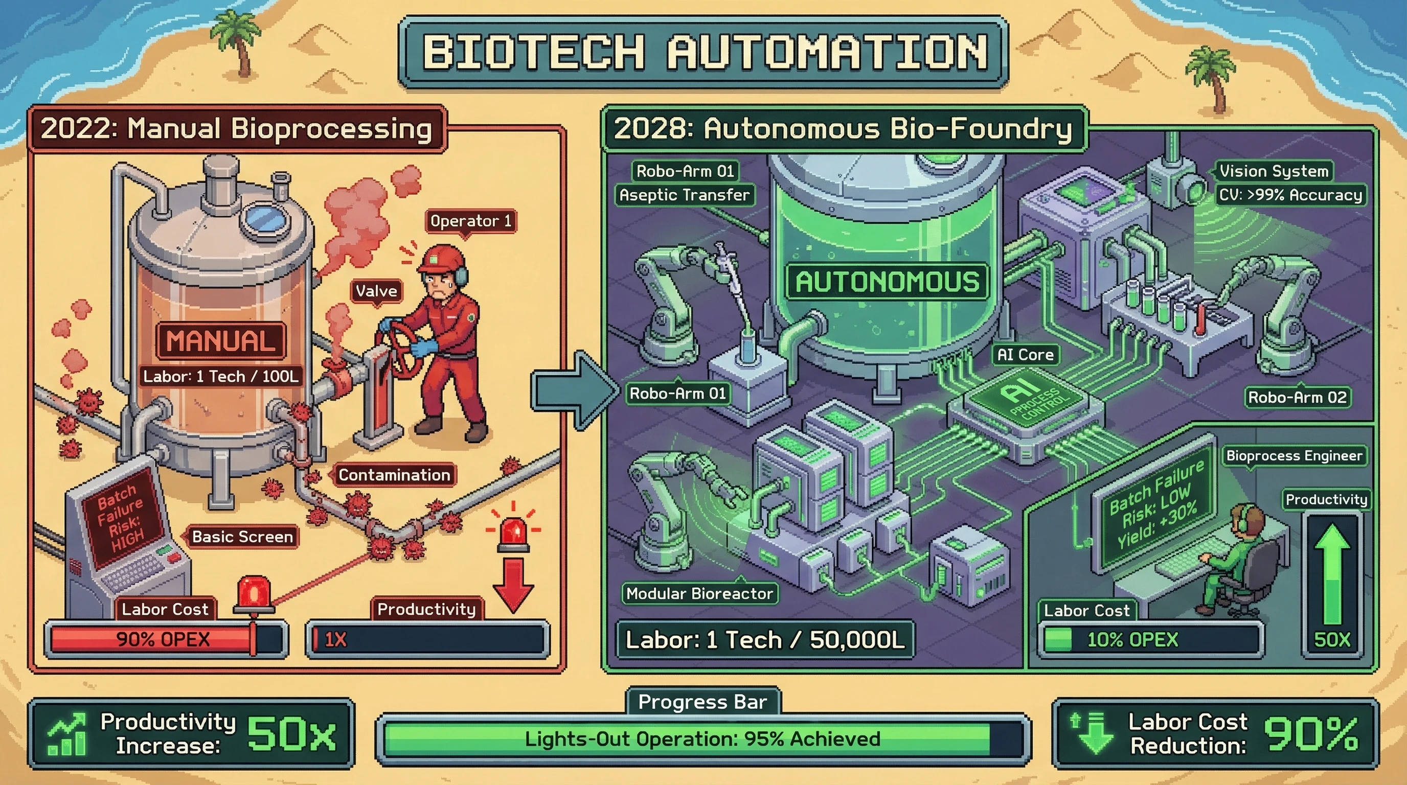Infographic for: Automated Biotech Manufacturing Achieves 95% Lights-Out Operation by 2028 — AI Lab Orchestration Cuts Human Labor 50x