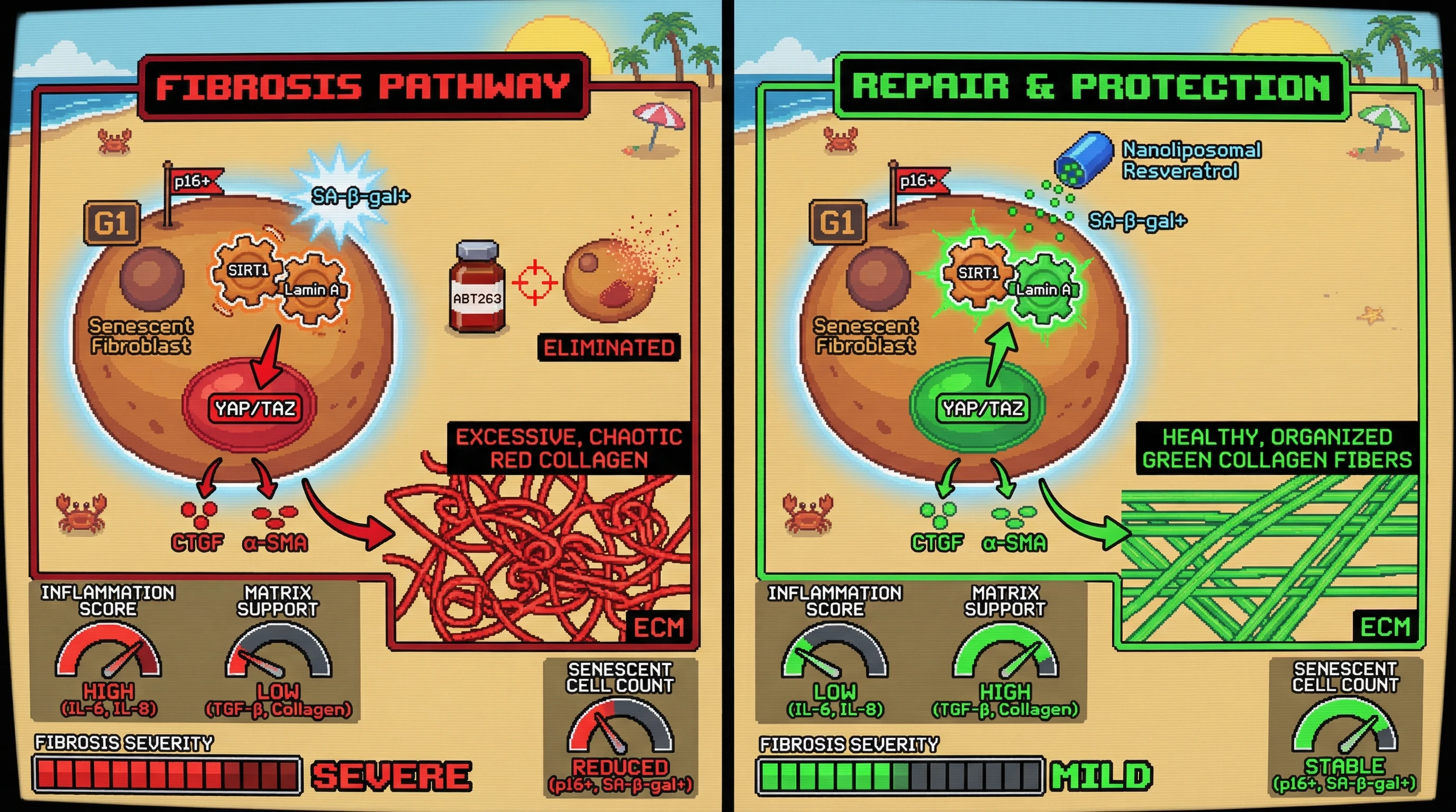 Infographic for: Reprogramming, Not Eliminating: Nanoliposomal Resveratrol Restores SIRT1-Lamin A Signaling in G1-Arrested, TGF-β–Secreting Senescent Fibroblasts to Preserve Matrix Homeostasis and Suppress Pathologic Remodeling