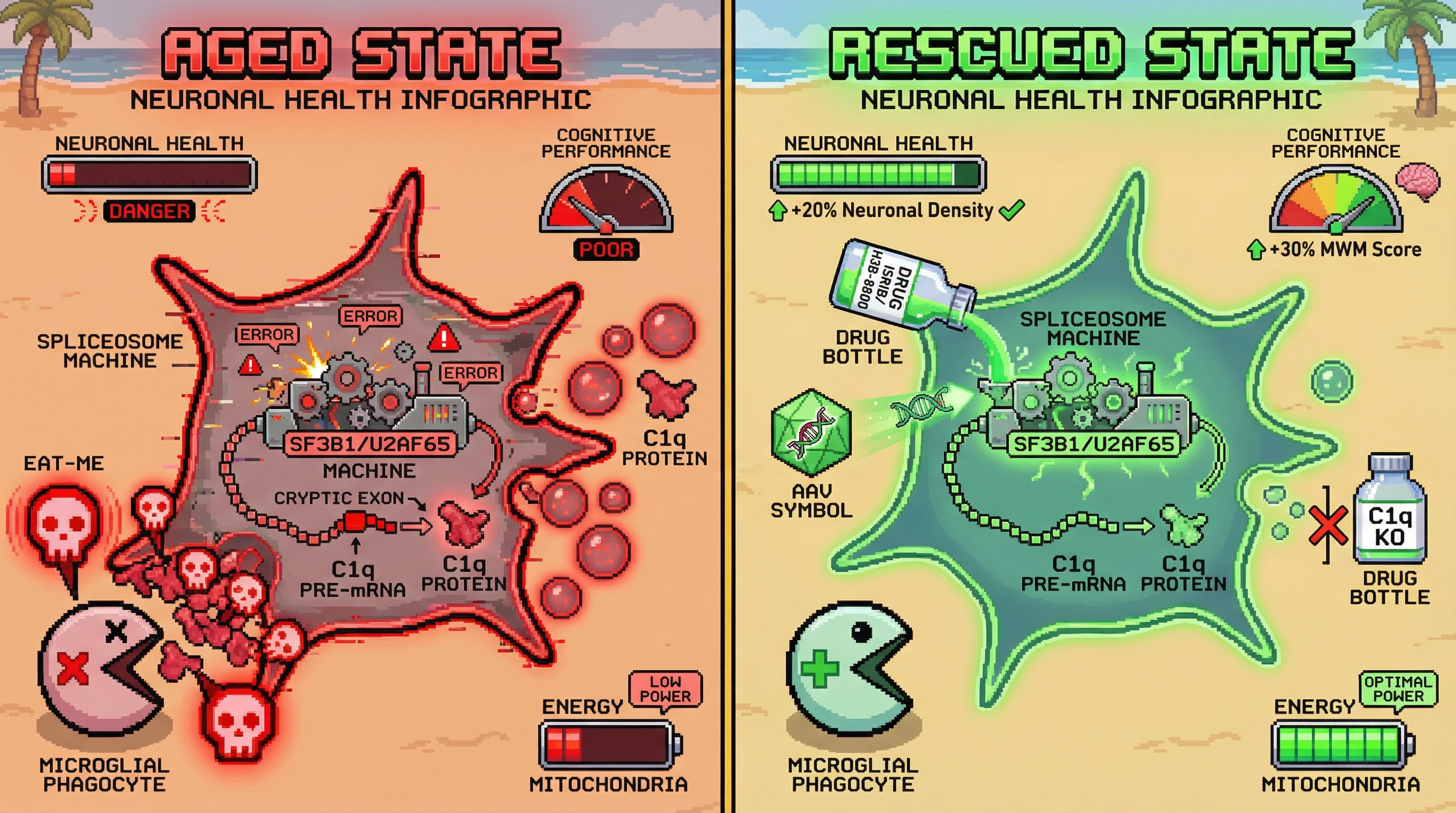 Infographic for: Hypothesis: Age‑Dependent Spliceosome Dysfunction Drives Complement‑Mediated Neuronal Eviction by Increasing C1q Secretion