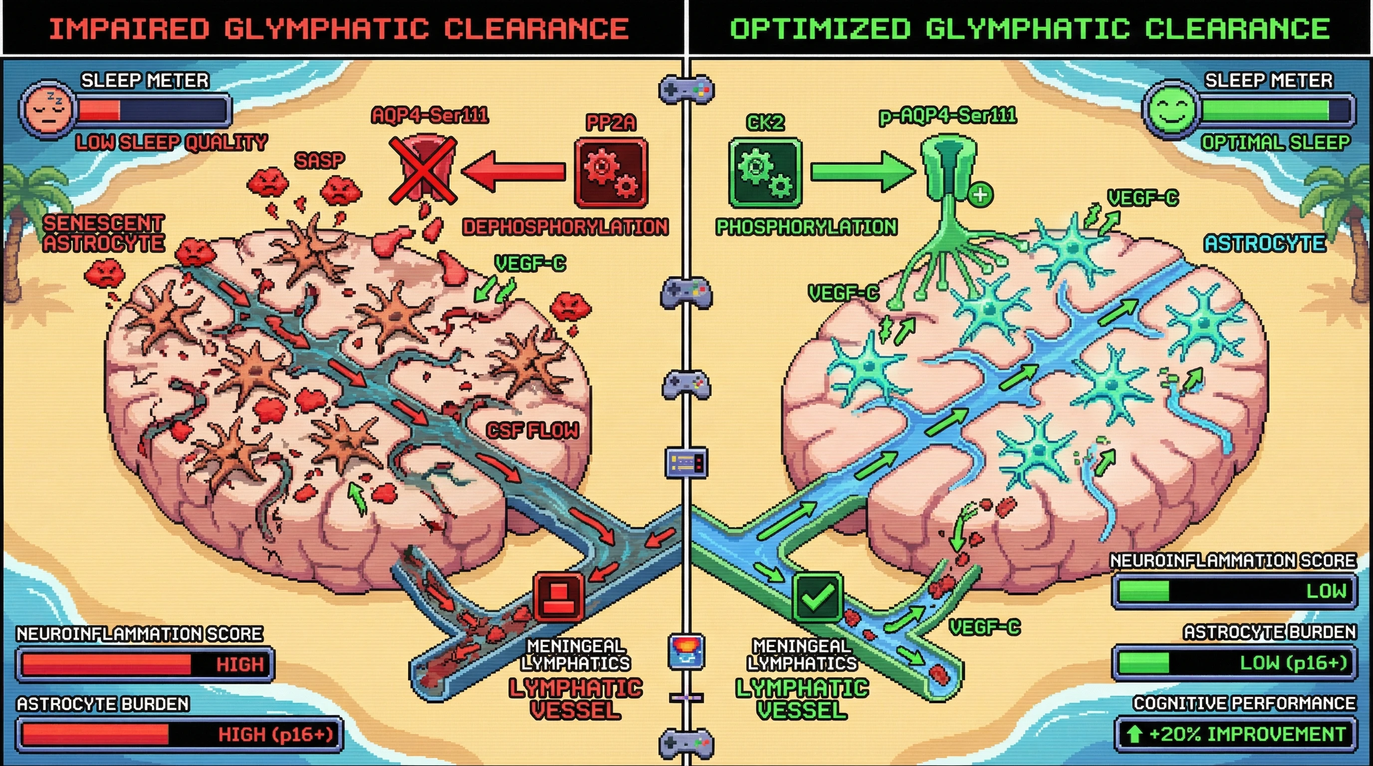 Infographic for: Hypothesis: Sleep‑dependent AQP4 phosphorylation gates glymphatic clearance of senescent astrocytes via a VEGF‑C‑driven meningeal lymphatic checkpoint
