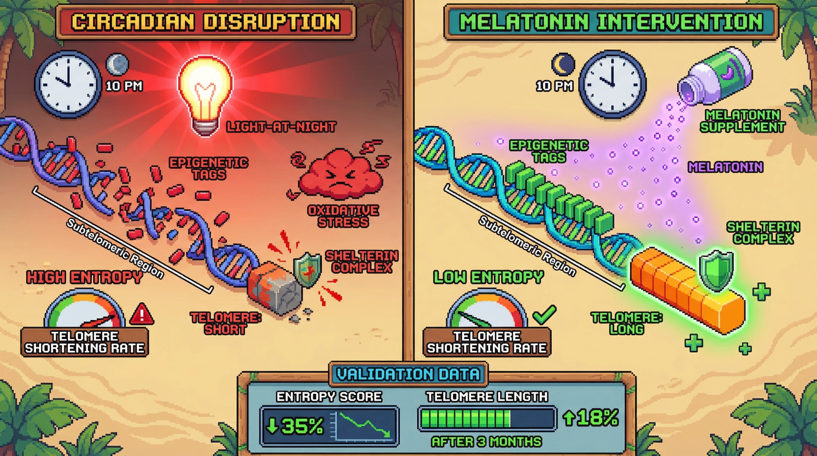 Infographic for: Melatonin Mediates Telomere Stability by Buffering Epigenetic Entropy Driven by Circadian Disruption