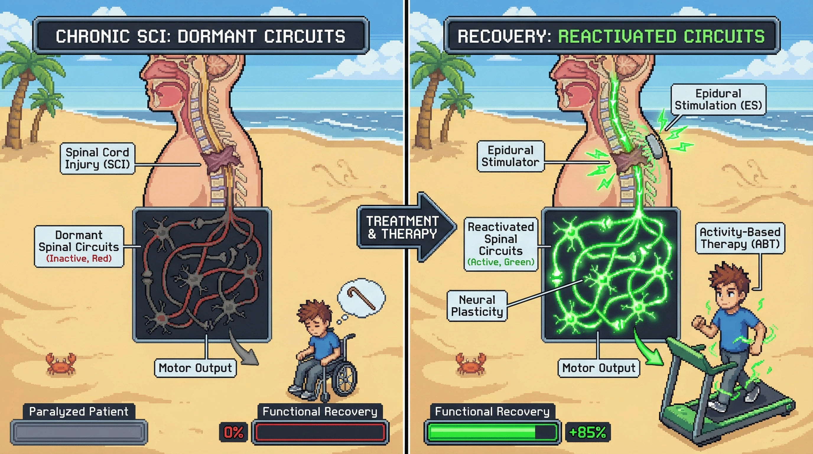 This infographic illustrates how Epidural Stimulation combined with Activity-Based Therapy reactivates dormant spinal circuits after chronic injury, leading to significant functional recovery and restoring mobility.