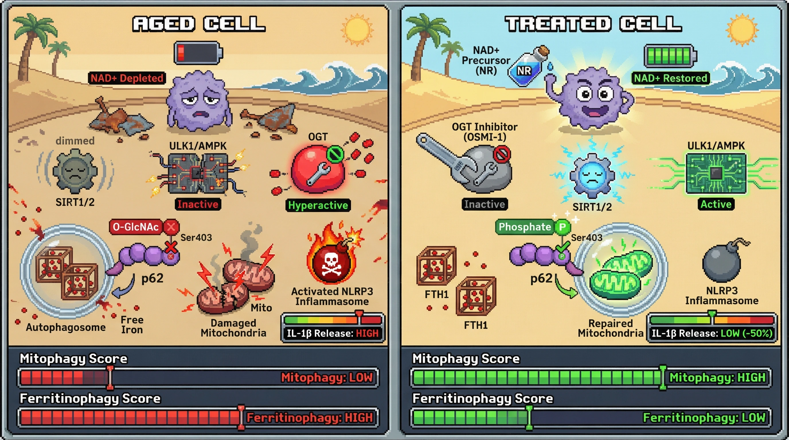 Infographic for: A phosphorylation-O-GlcNAc switch governs selective autophagy hierarchy and its collapse drives inflammaging