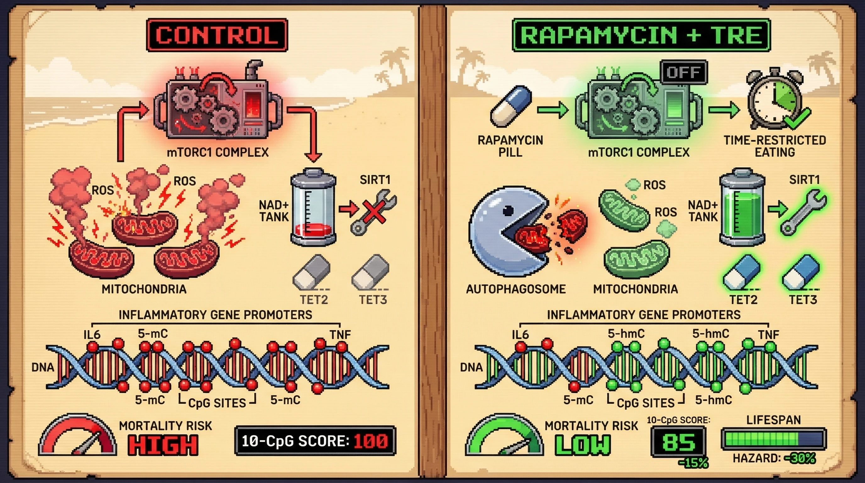 Mechanism: Rapamycin inhibits mTORC1, boosting mitophagy and sparing NAD+ to activate SIRT1 and TET enzymes, which demethylate the 10-CpG mortality score. Readout: Readout: The 10-CpG score is reduced by ≥15%, correlating with a ≥30% lower hazard for all-cause mortality, cardiovascular disease, and cancer.