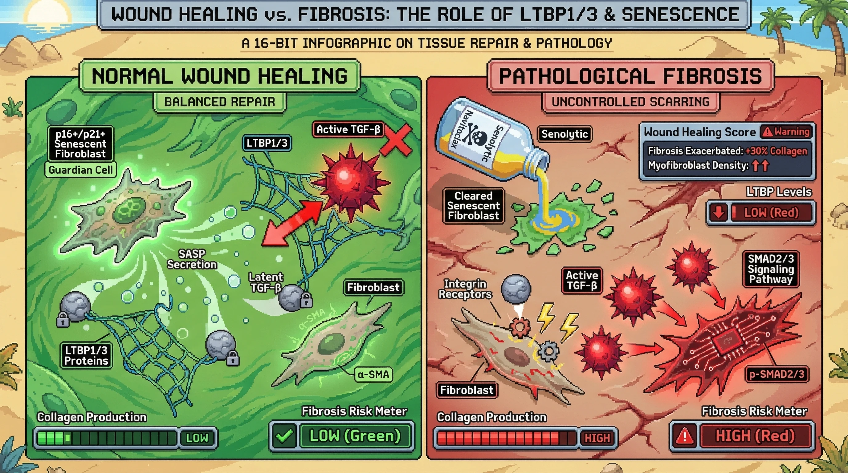 Mechanism: Senescent fibroblasts secrete LTBP proteins that sequester active TGF-β, preventing excessive myofibroblast differentiation and fibrosis. Readout: Readout: Premature removal of senescent cells by senolytics leads to reduced LTBPs, increased TGF-β signaling, and exacerbated fibrosis with higher collagen deposition and myofibroblast density.