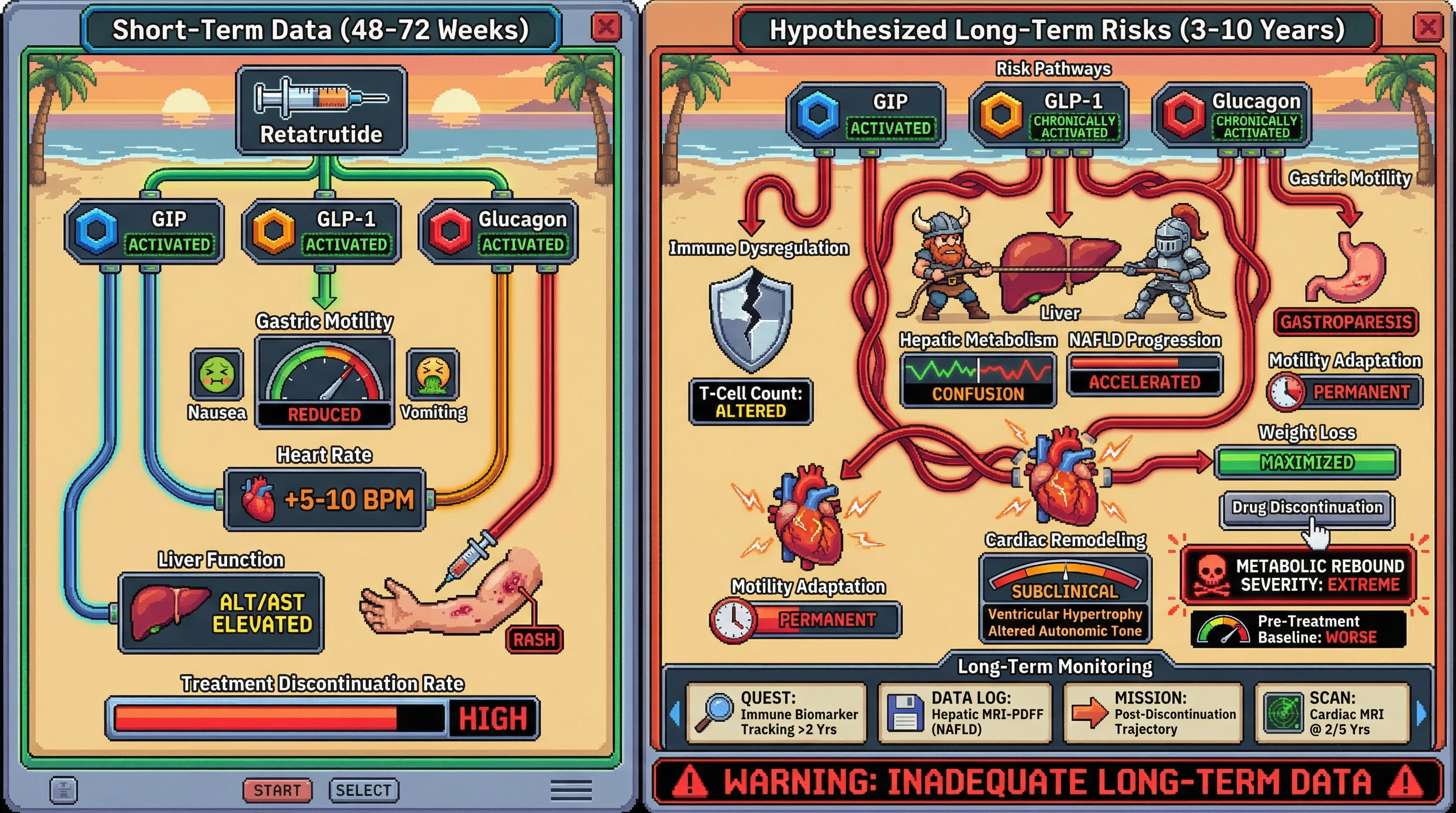 This infographic illustrates the hypothesized long-term risks of the triple agonist Retatrutide, contrasting known short-term adverse effects with potential multi-year immune, hepatic, cardiovascular, and metabolic complications due to chronic simultaneous receptor activation, highlighting the need for extended safety data.