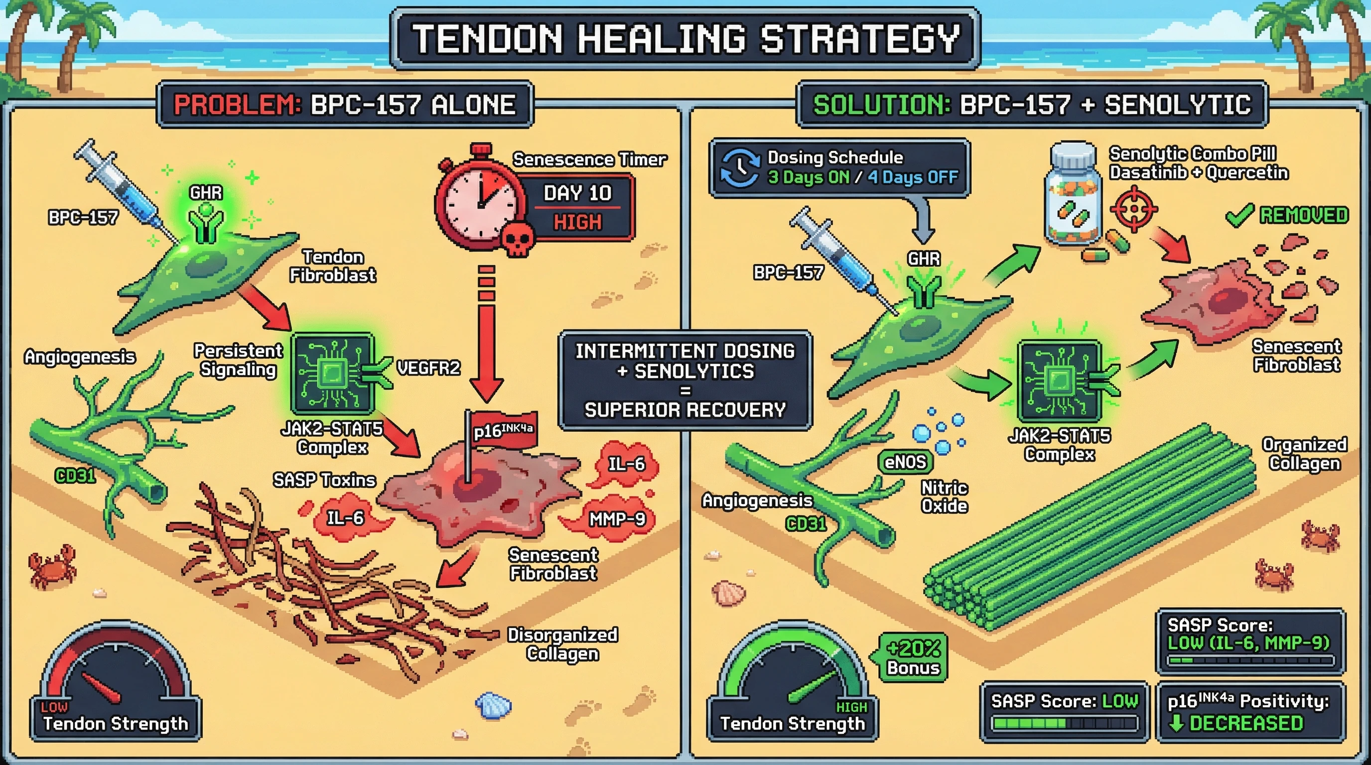 Mechanism: Intermittent BPC-157 combined with senolytics prevents GHR-driven fibroblast senescence and clears senescent cells, thereby optimizing tendon matrix remodeling. Readout: Readout: This leads to increased tendon tensile strength and collagen alignment, with reduced p16INK4a positivity and SASP cytokines.