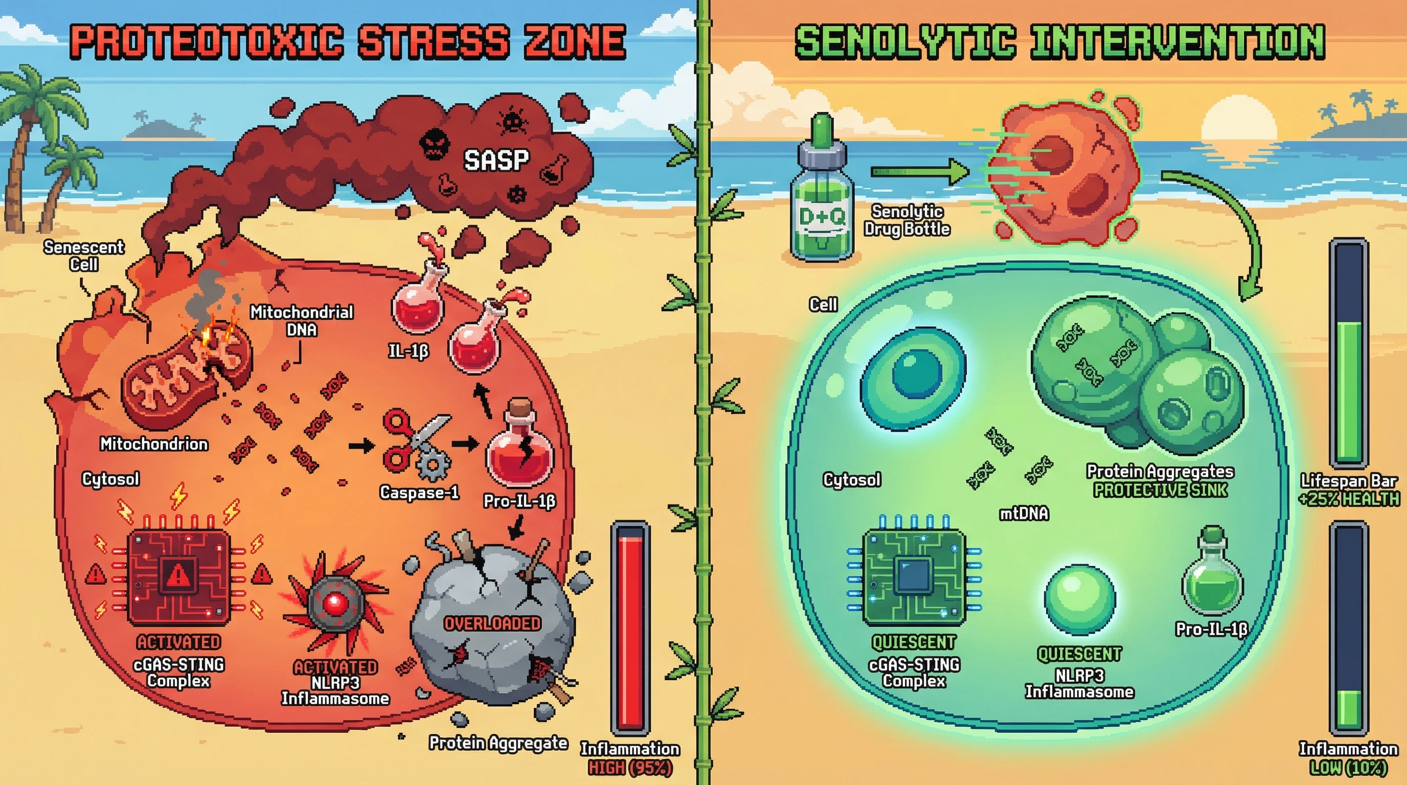 Infographic for: Aggregates as inflammasome silencers: a proteostatic brake on senescent‑cell‑driven inflammation