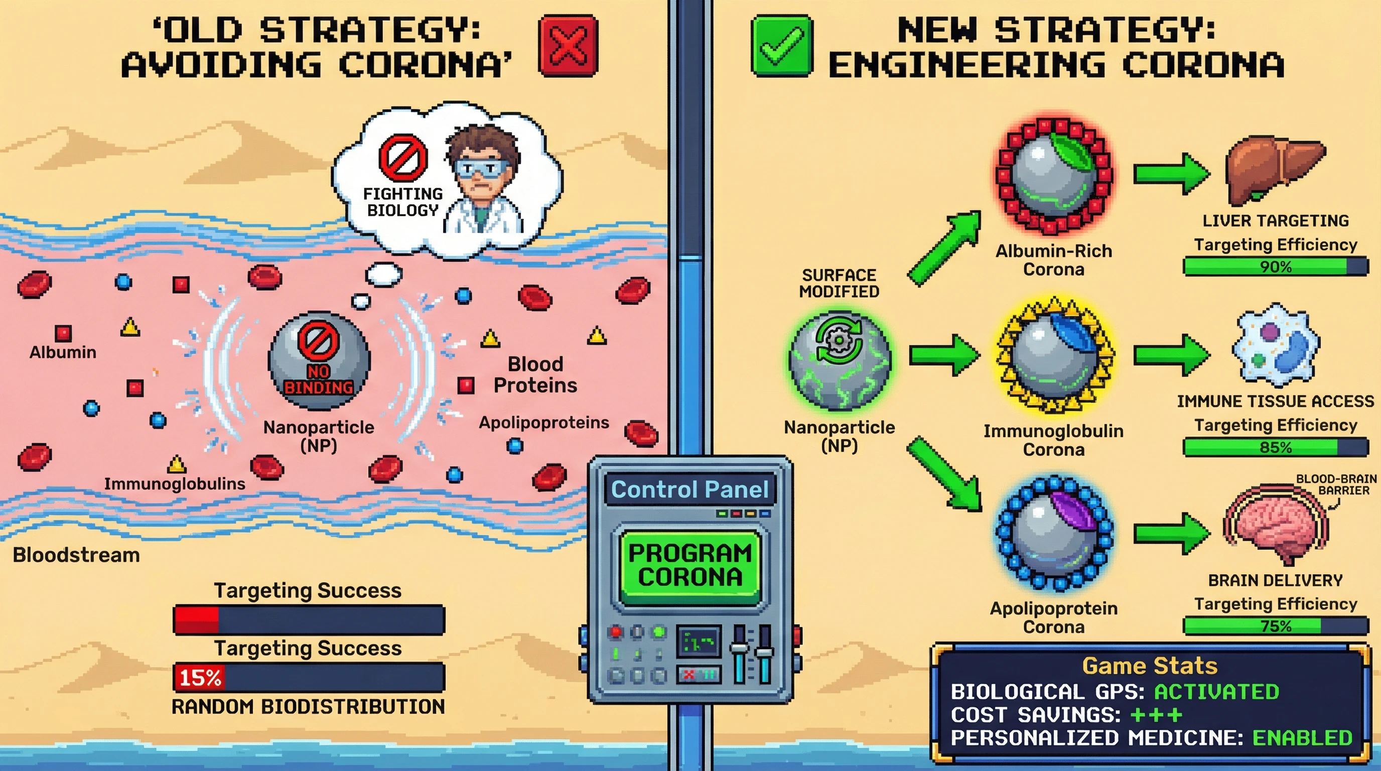 This infographic contrasts the old approach of avoiding protein coronas on nanoparticles with a new strategy of engineering their composition to achieve precise, programmable tissue targeting, using endogenous proteins as biological GPS.