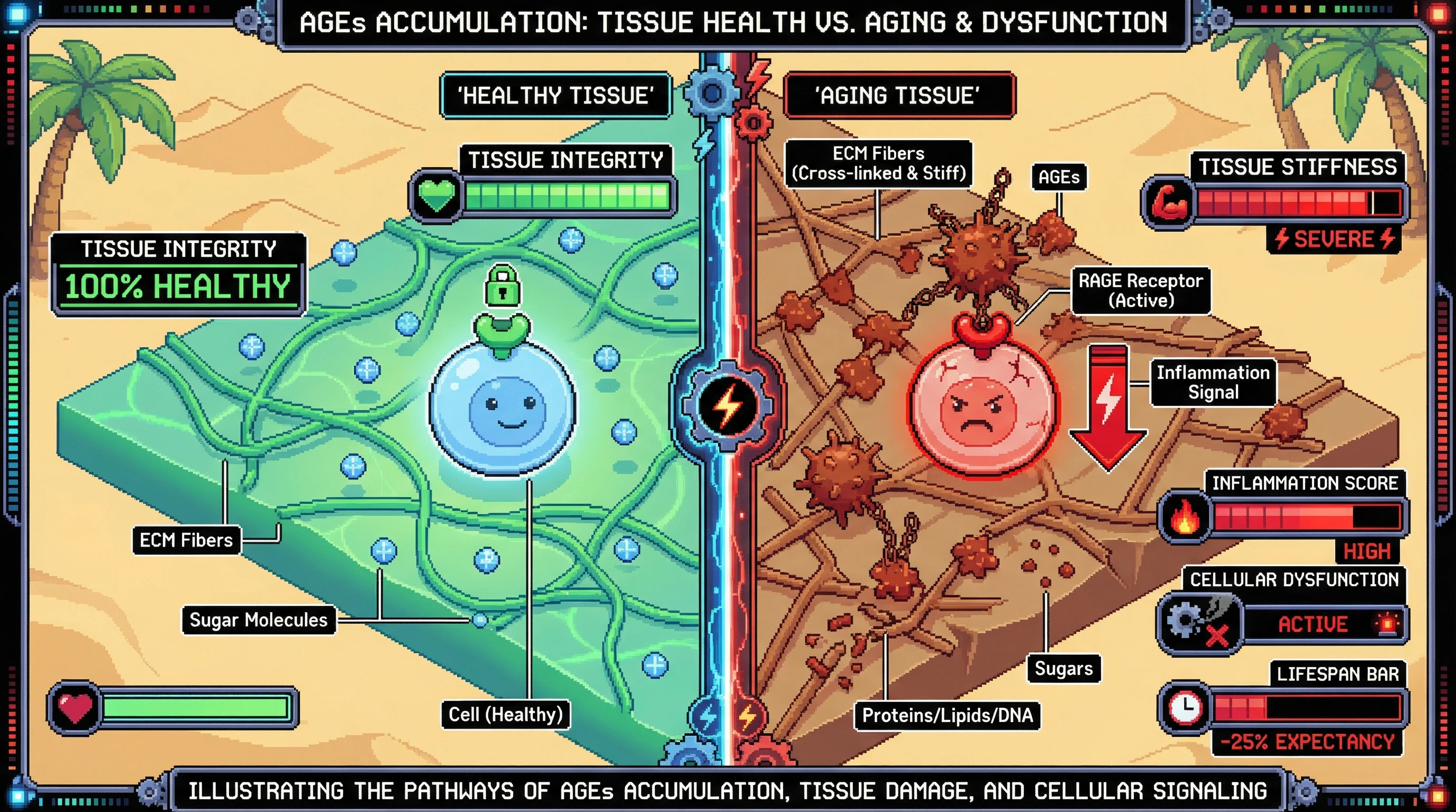 This infographic illustrates how Advanced Glycation End Products (AGEs) contribute to tissue aging by both directly cross-linking the Extracellular Matrix and activating the RAGE receptor, leading to inflammation and cellular dysfunction.