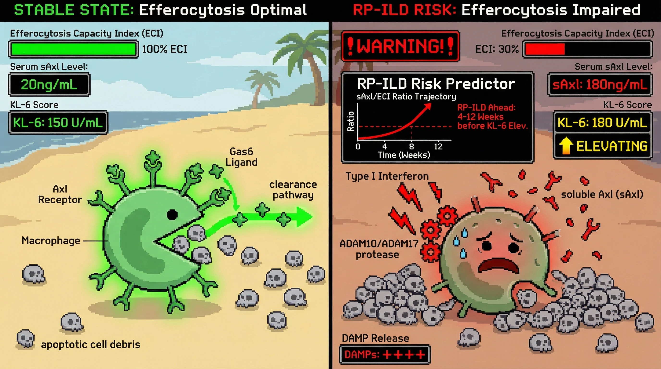 Mechanism: Rising soluble Axl (sAxl) and declining efferocytosis capacity (ECI) signify impaired apoptotic cell clearance and escalating inflammation in anti-MDA5 dermatomyositis. Readout: Readout: This sAxl/ECI ratio predicts rapidly progressive interstitial lung disease (RP-ILD) 4-12 weeks before conventional KL-6 elevation, enabling early intervention.