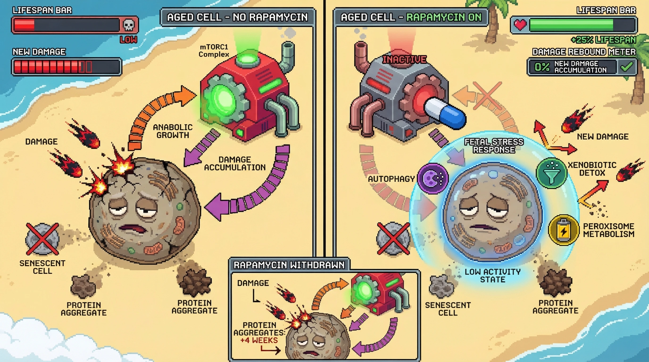 Mechanism: Rapamycin inhibits mTORC1, inducing a fetal-like stress response that prevents new cellular damage but does not clear existing lesions. Readout: Readout: Lifespan increases by 25% with continuous rapamycin, but damage (senescent cells, protein aggregates) reaccumulates within 4 weeks of withdrawal.