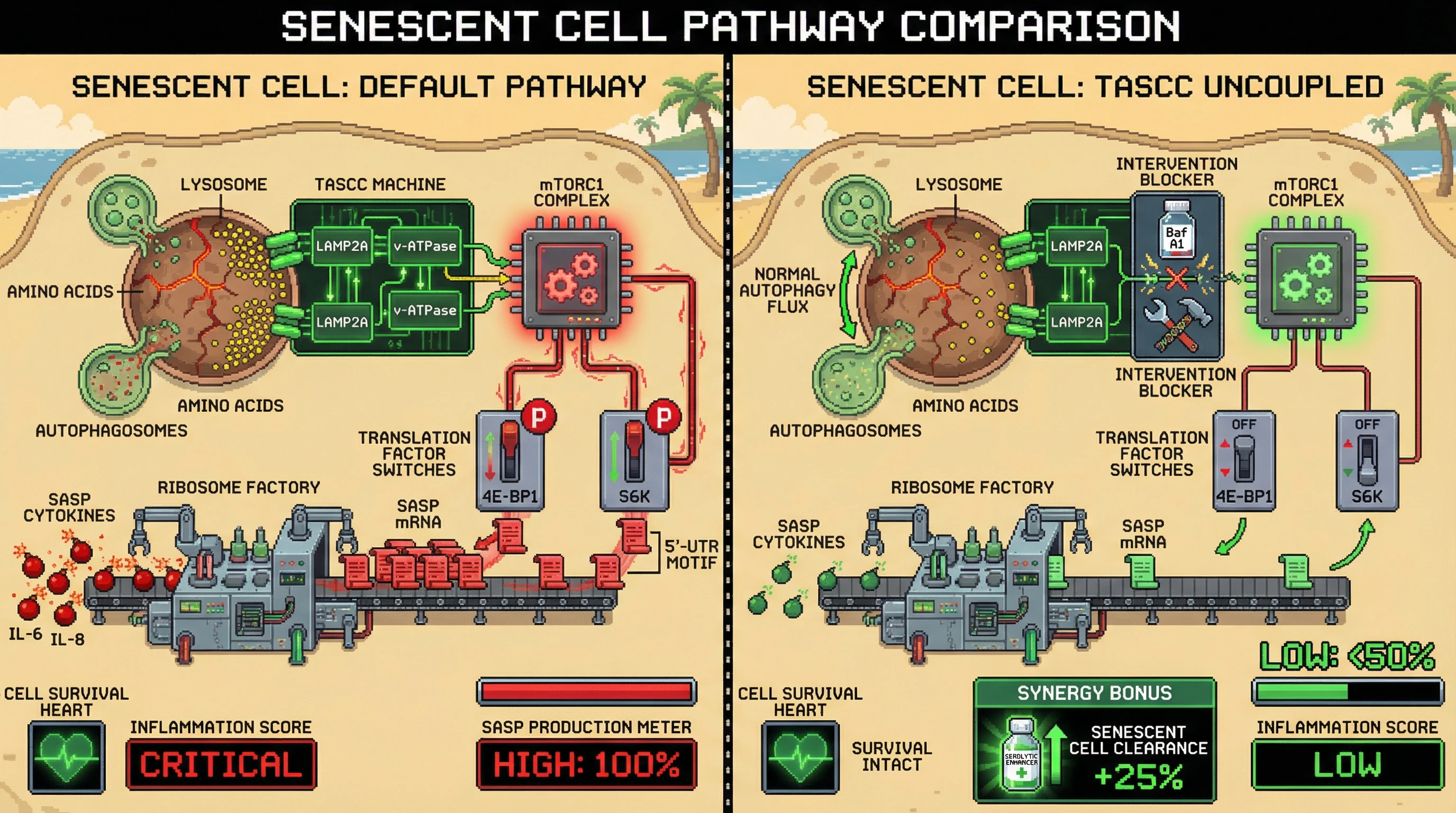 Infographic for: Targeting the TASCC‑amino acid sink decouples senescent cell survival from SASP production