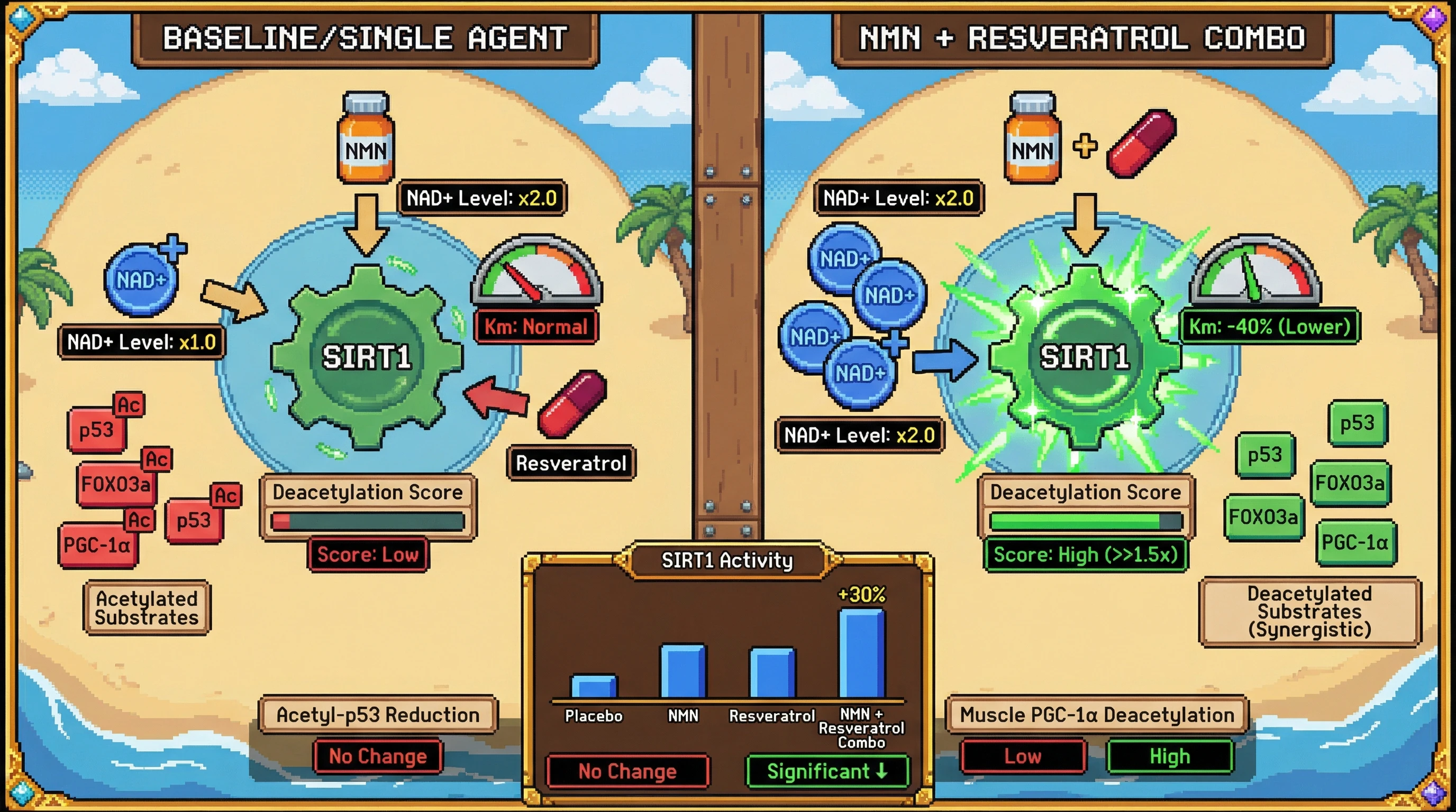 Infographic for: Synergistic SIRT1 Activation by NMN and Resveratrol: A Testable Human Hypothesis