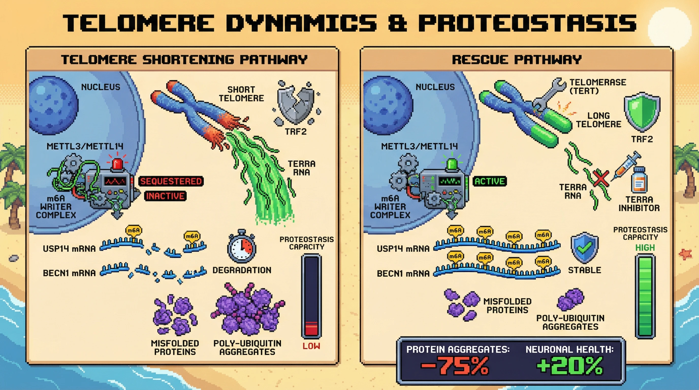 Mechanism: Shortened telomeres increase TERRA, which sequesters the m6A writer METTL3/14, reducing m6A on proteostasis mRNAs and causing protein aggregation. Readout: Readout: Inhibiting TERRA or restoring telomerase activity rescues m6A levels, reduces poly-ubiquitin aggregates by 75%, and increases neuronal health by 20%.
