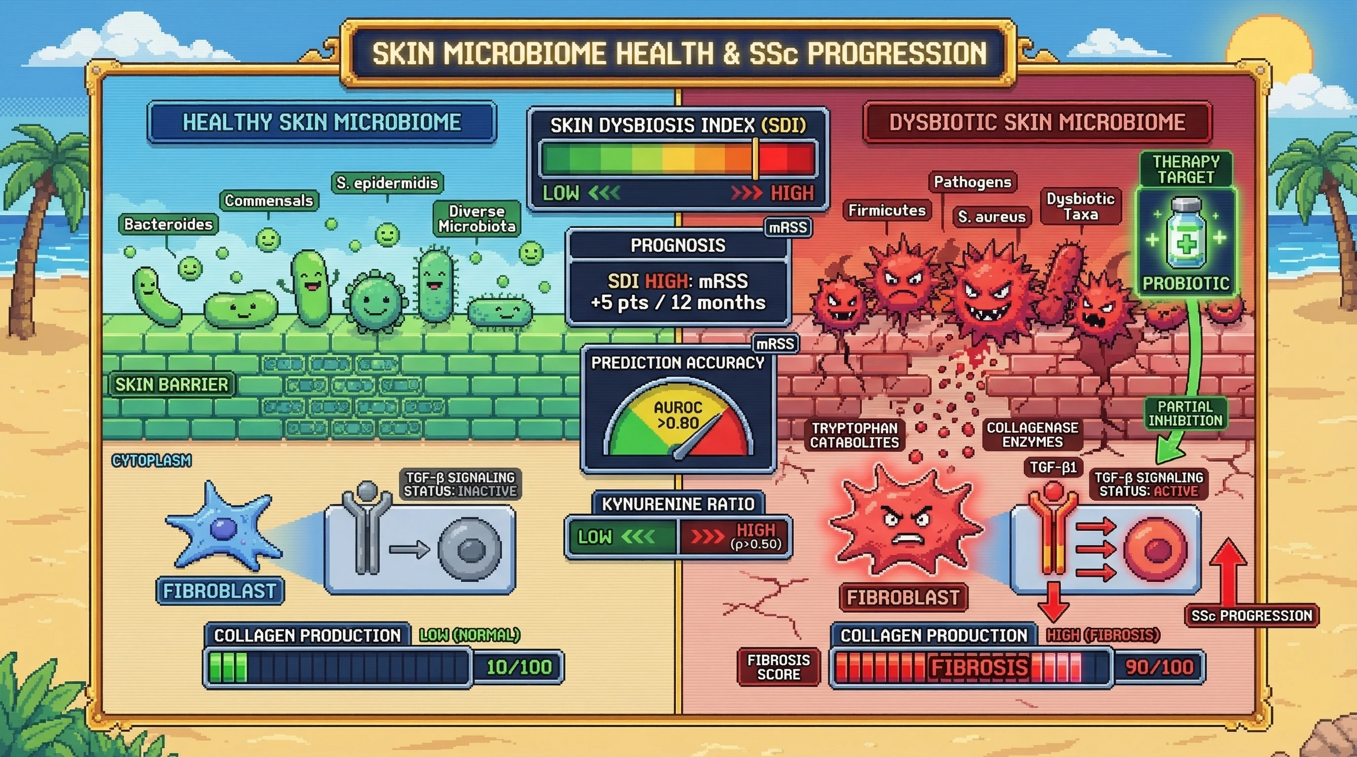 Mechanism: Skin microbiome dysbiosis, characterized by specific bacterial shifts and metabolites, activates fibroblast TGF-β signaling, leading to increased collagen production and skin fibrosis in systemic sclerosis. Readout: Readout: A high Skin Dysbiosis Index (SDI) predicts a significant increase in the Modified Rodnan Skin Score (mRSS) over 12 months, with high predictive accuracy (AUROC 0.80).