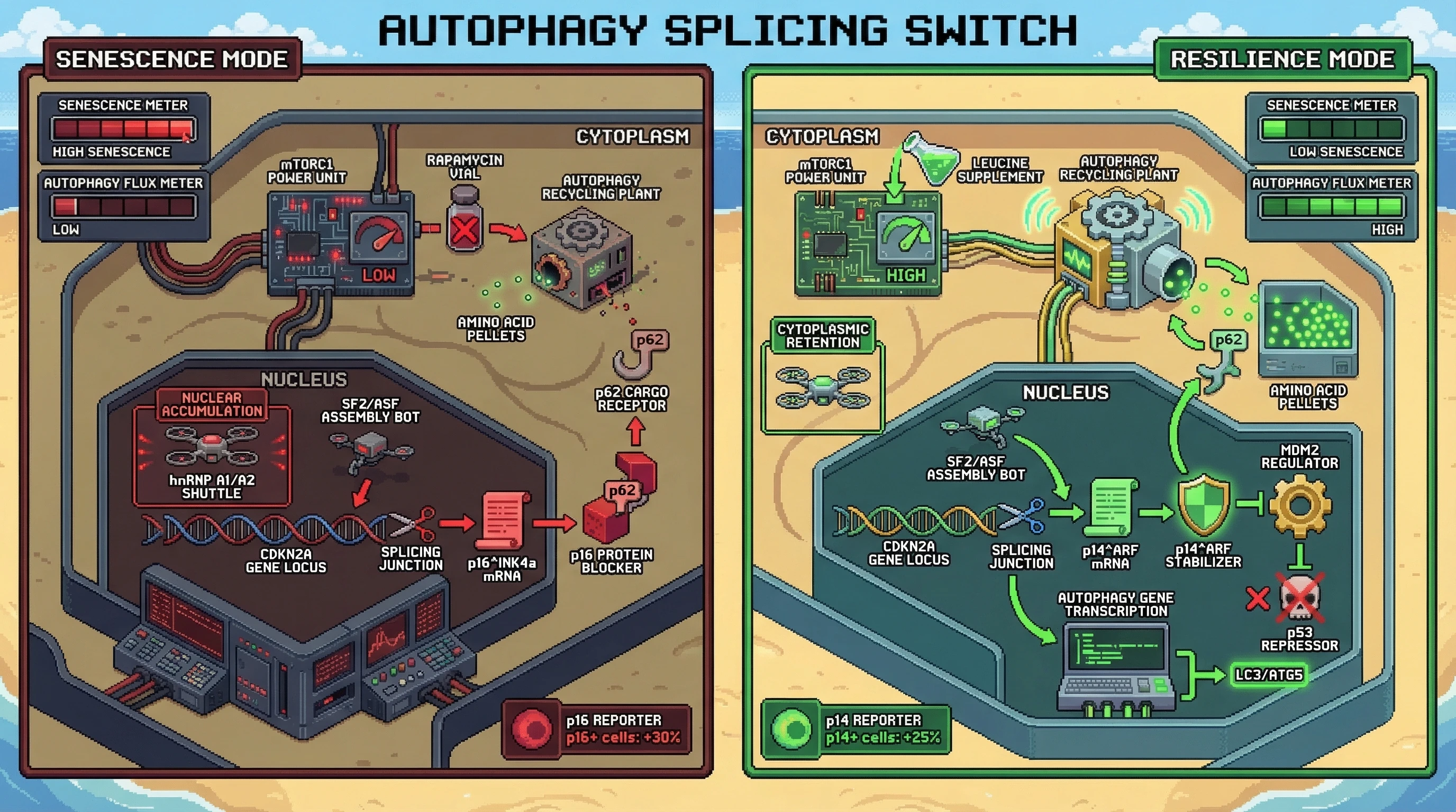 Infographic for: Autophagy‑driven splicing feedback creates a bistable switch that locks cells into senescence or resilience