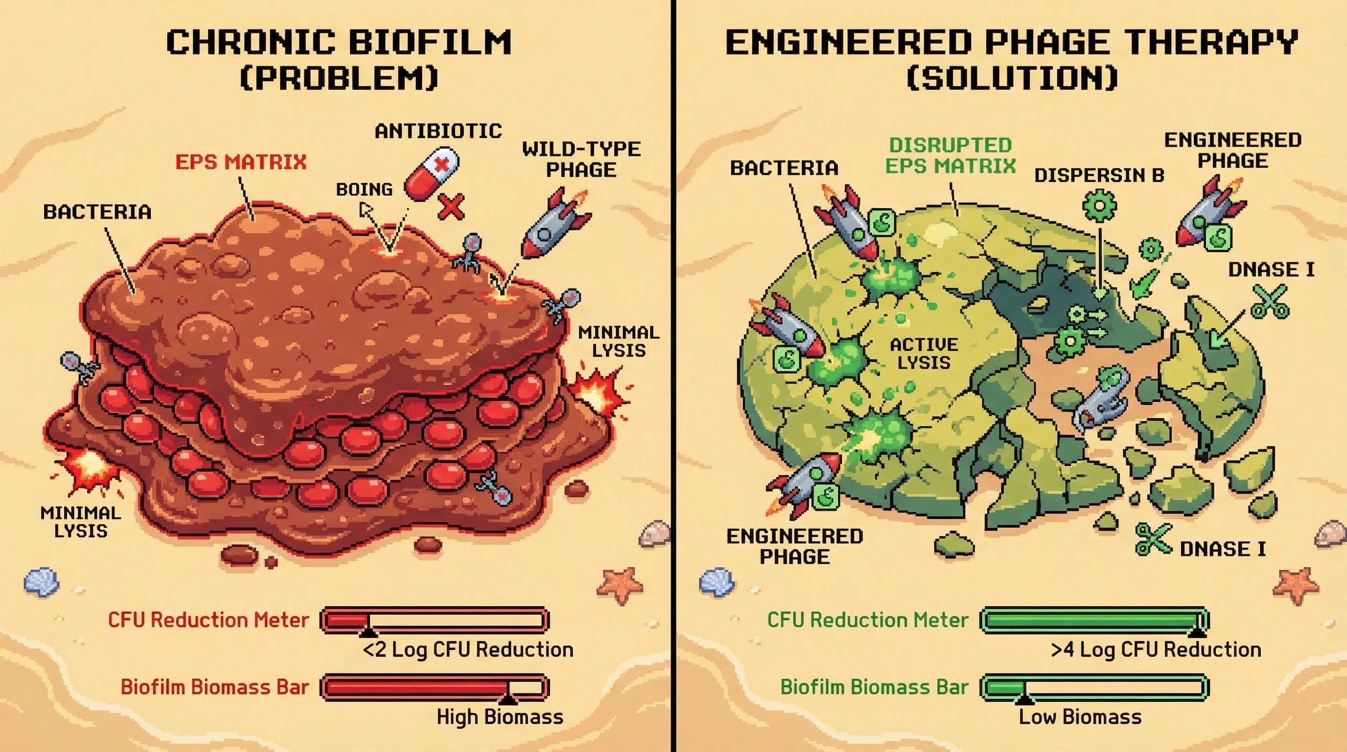 Mechanism: Engineered bacteriophages deliver matrix-degrading enzymes (dispersin B, DNase I) upon bacterial lysis, leading to a self-amplifying biofilm destruction cascade. Readout: Readout: This process results in a significant reduction in bacterial colony-forming units (CFU) and overall biofilm biomass compared to wild-type phages or antibiotics.