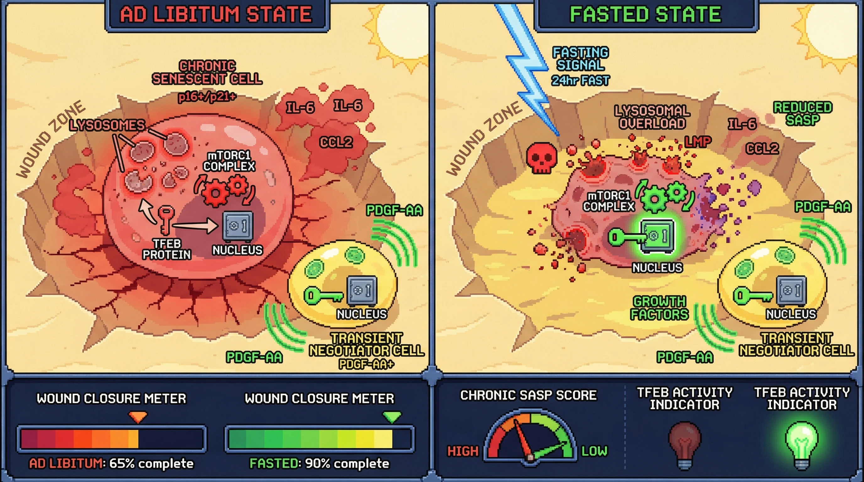Mechanism: Intermittent fasting activates TFEB, which selectively clears chronic senescent cells by overloading their damaged lysosomes. Readout: Readout: This process reduces chronic SASP markers and significantly improves wound closure rates compared to ad libitum conditions.
