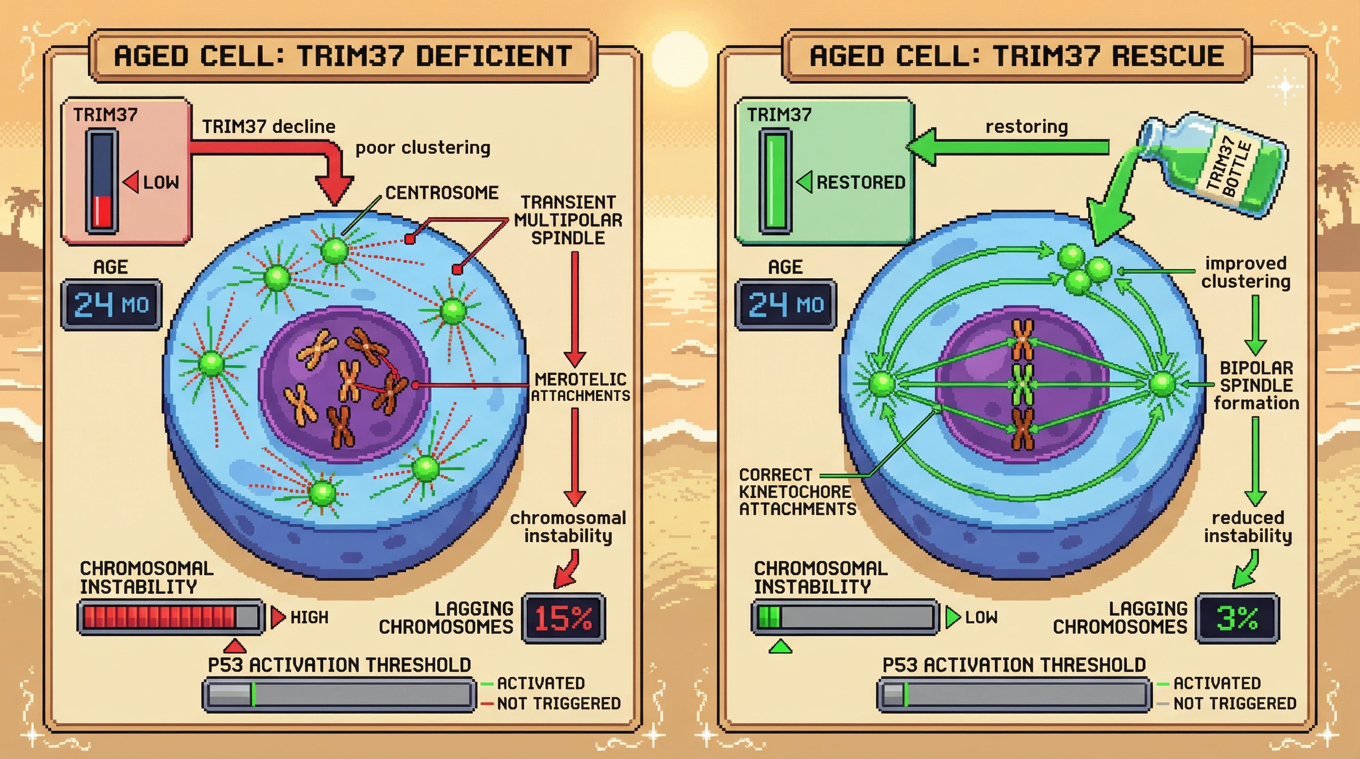 Mechanism: Age-related decline of TRIM37 reduces centrosome clustering fidelity, leading to increased merotelic kinetochore attachments and chromosomal instability. Readout: Readout: Restoring TRIM37 in aged cells reduces lagging chromosomes from 15% to 3% while maintaining centrosome number below the p53 activation threshold.