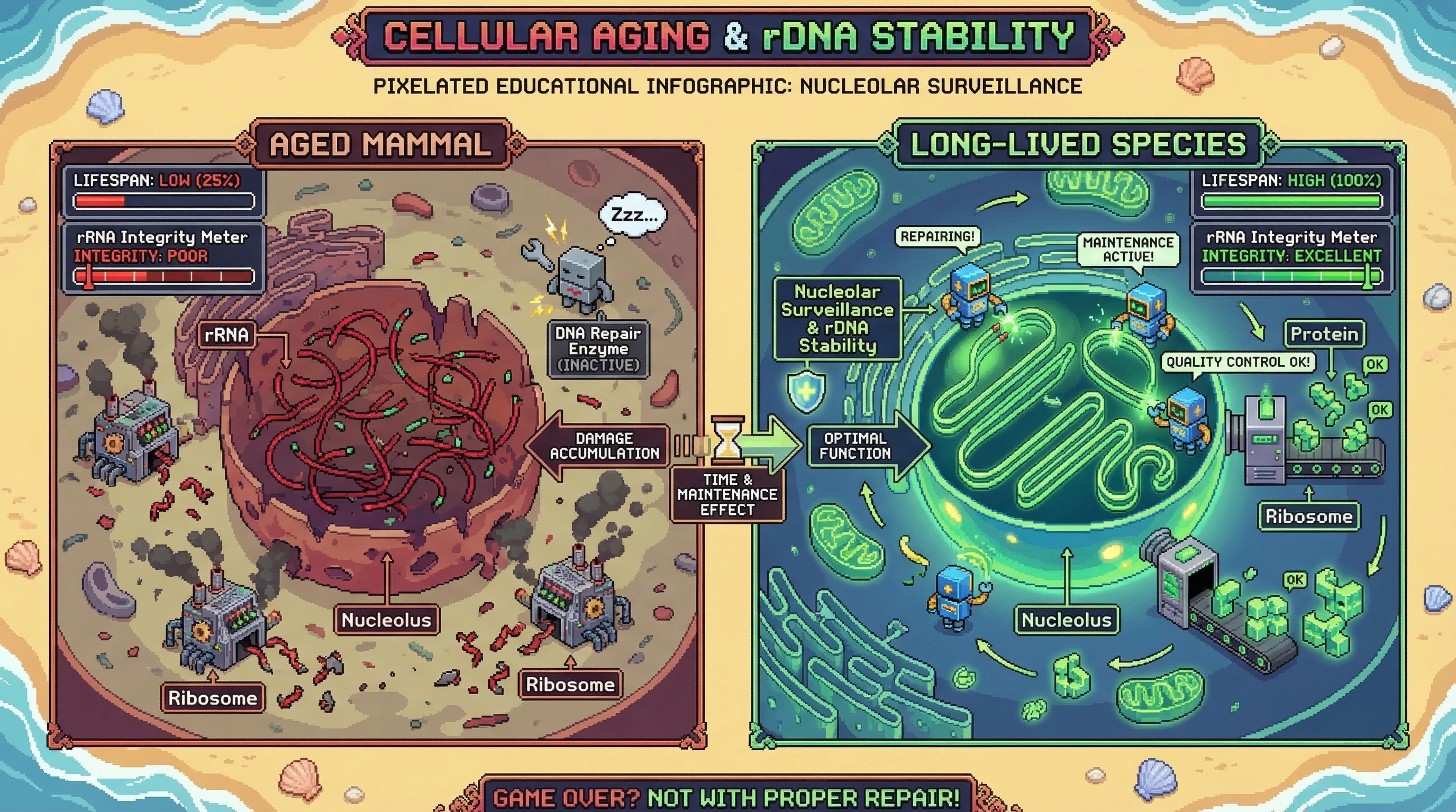 Mechanism: Long-lived species maintain ribosomal RNA integrity through enhanced nucleolar surveillance and rDNA stability, preventing age-related damage. Readout: Readout: This leads to robust protein synthesis and a significantly higher lifespan compared to mammals with poor rRNA integrity.