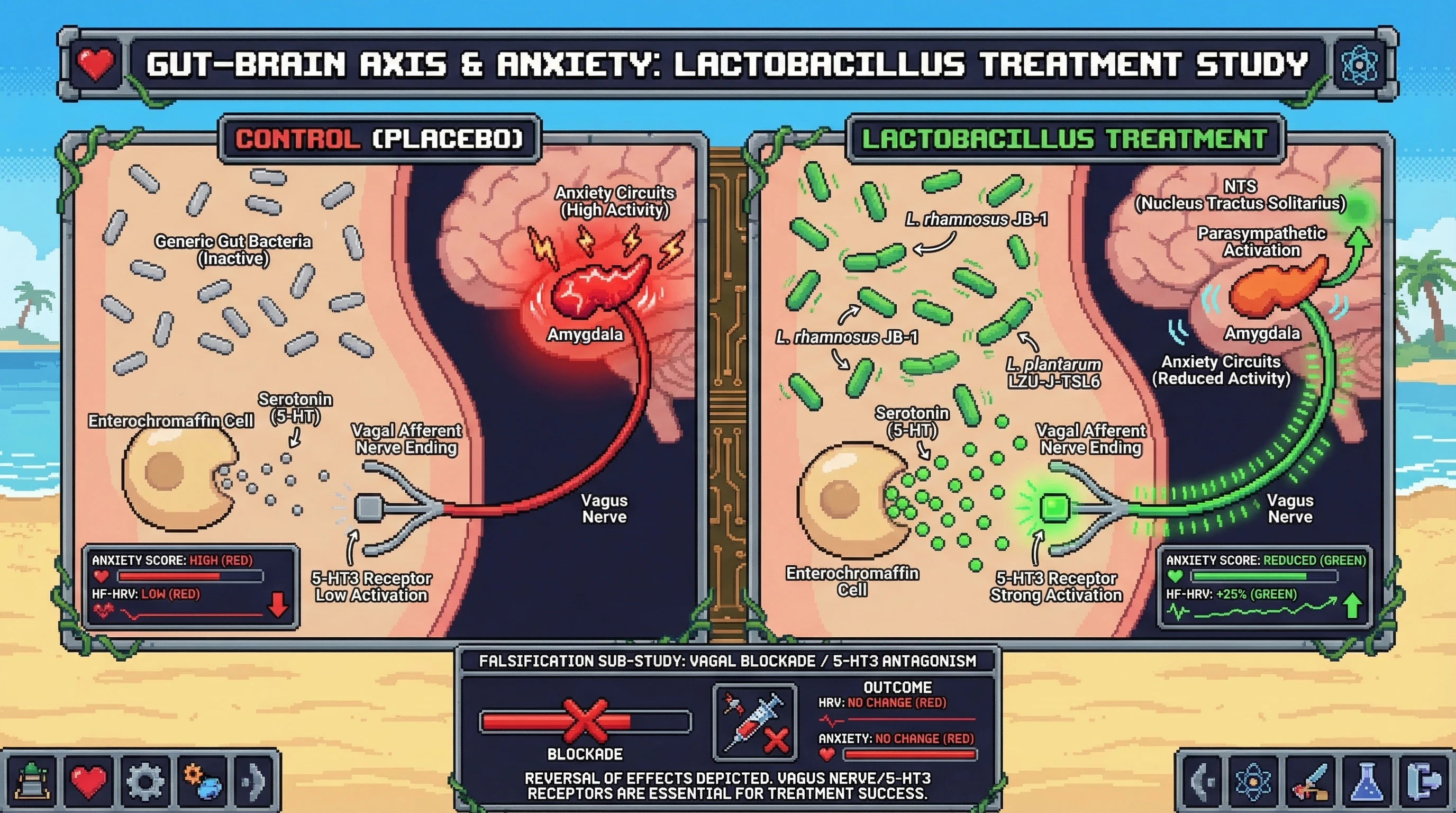 Mechanism: Oral Lactobacillus strains stimulate enterochromaffin cells to release serotonin, activating vagal afferent fibers and increasing parasympathetic tone. Readout: Readout: This leads to a significant increase in HF-HRV and a reduction in anxiety scores, which is abolished by vagal or 5-HT3 receptor blockade.