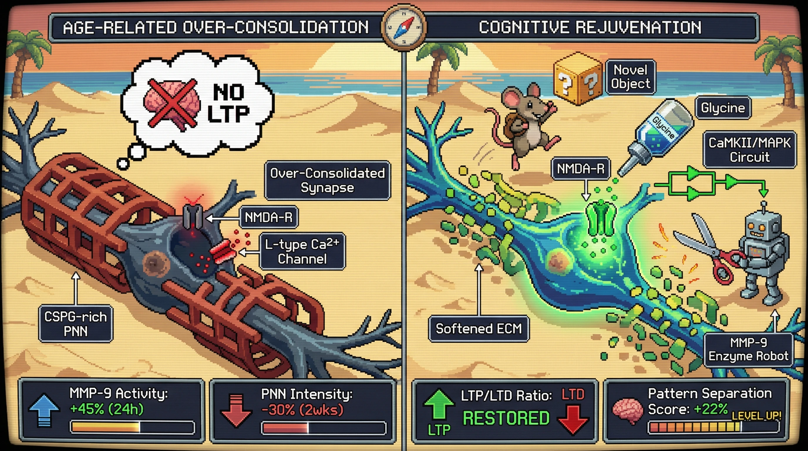 Infographic for: Controlled Uncertainty Triggers MMP‑9 Dependent ECM Softening to Rescue Age‑Related Synaptic Over‑Consolidation