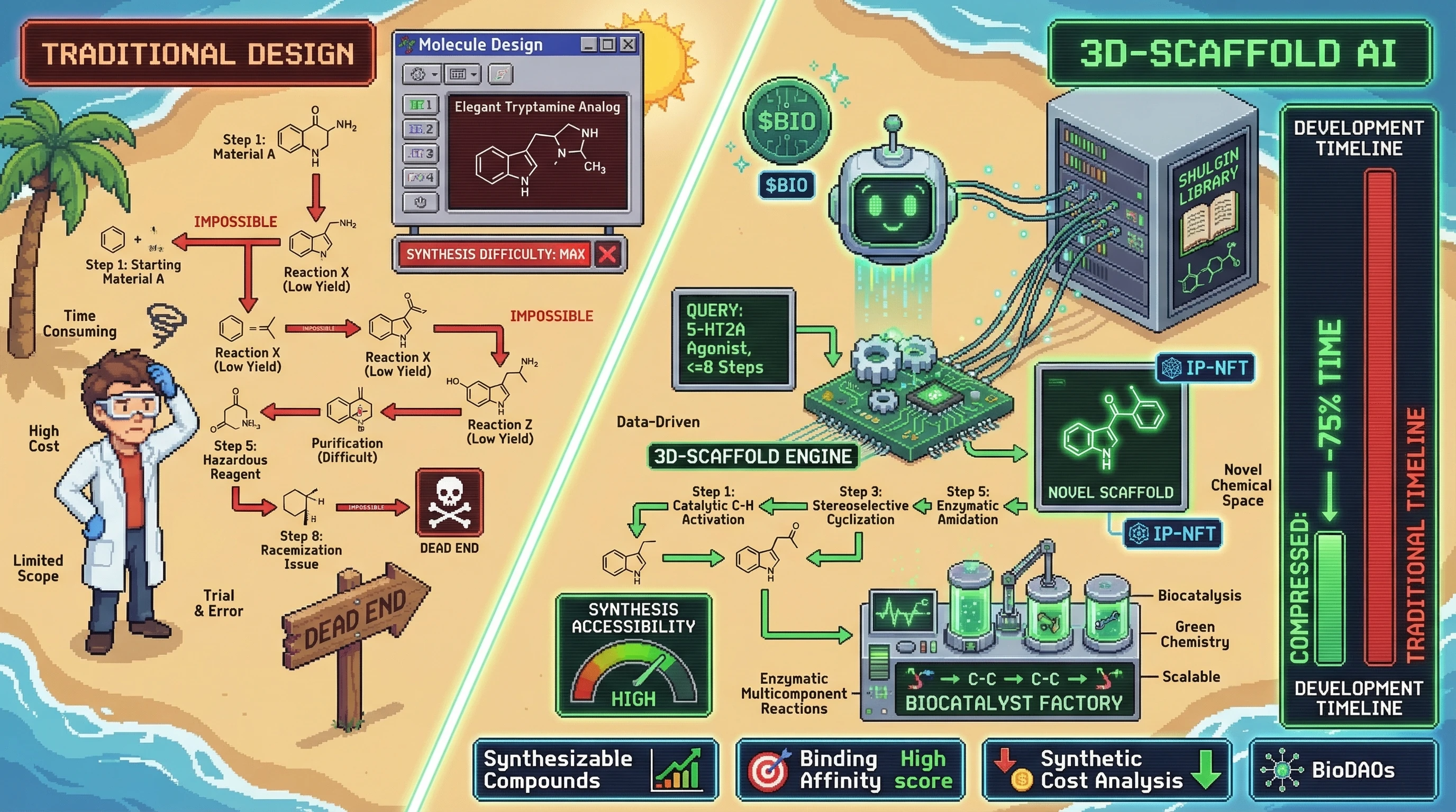 Infographic for: 3D-Scaffold Deep Learning Breaks the Synthesis Accessibility Bottleneck in Novel Psychoactive Design