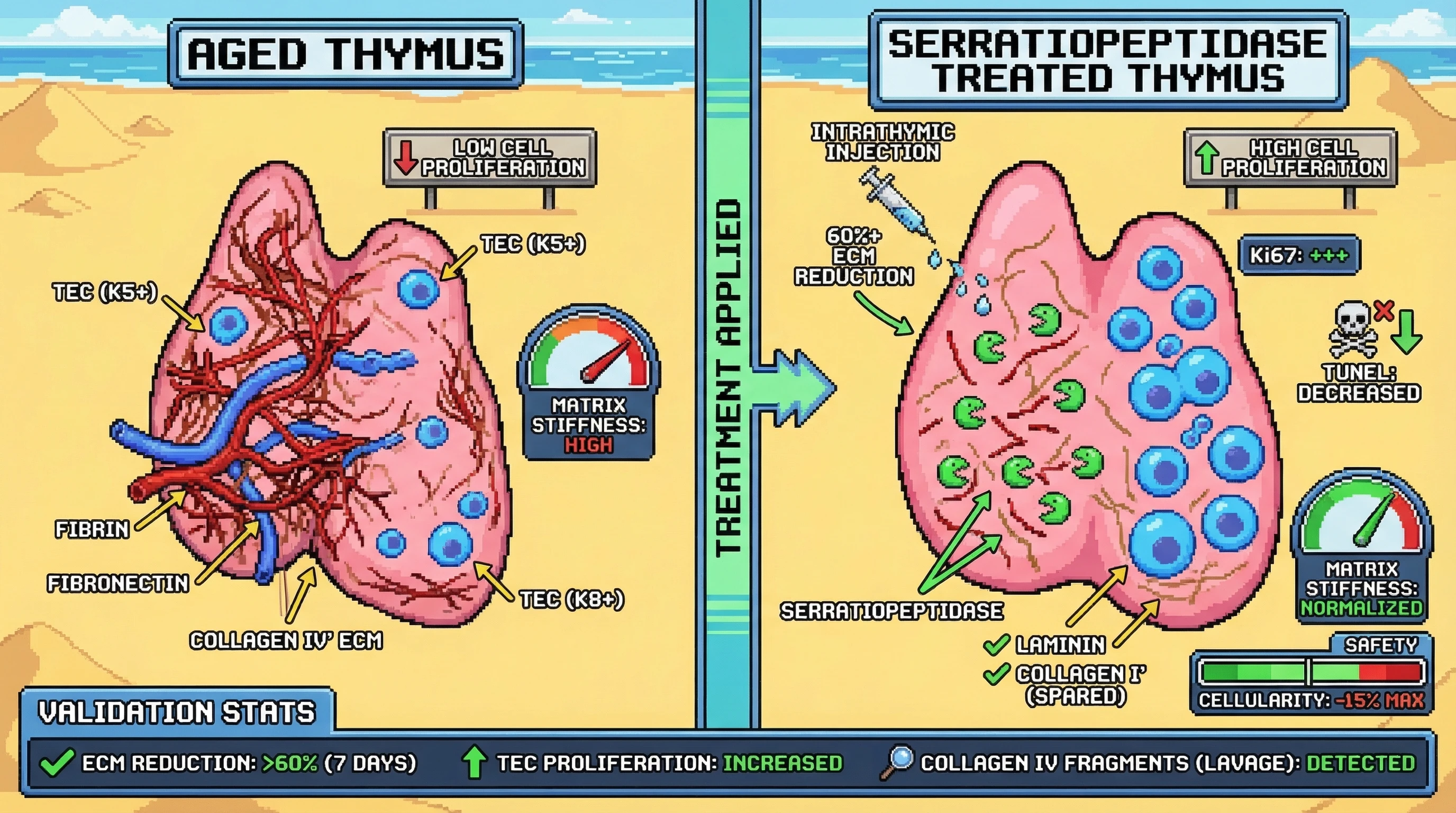 Mechanism: Intrathymic serratiopeptidase selectively degrades pathological fibrin, fibronectin, and collagen IV in the aged thymus, sparing essential laminin and collagen I. Readout: Readout: This ECM clearance reduces matrix stiffness, increases TEC proliferation (Ki67+), and decreases cell death (TUNEL+) within 7 days post-injection.