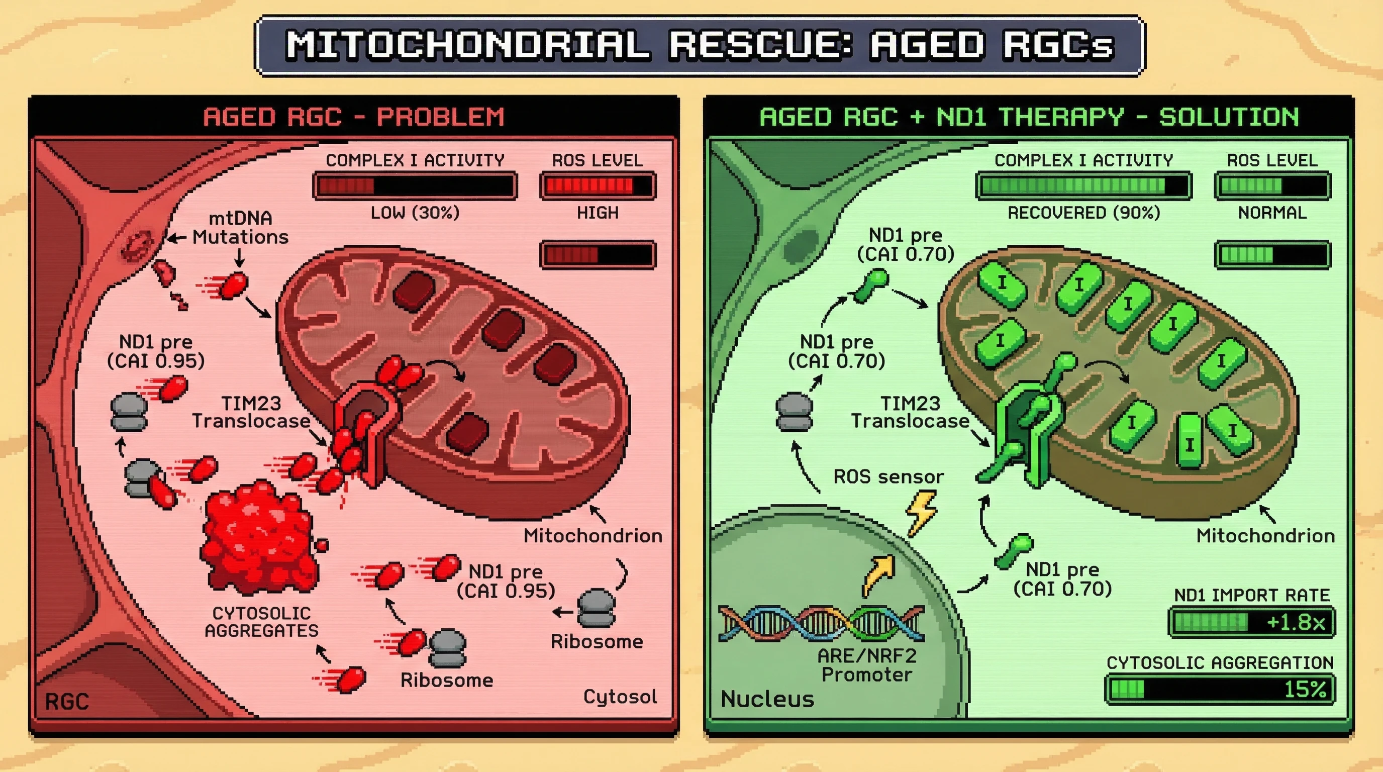 Infographic for: A ROS-responsive, moderate-CAI allotopic ND1 construct self-tunes precursor translation flux to the diminished TIM23 ...