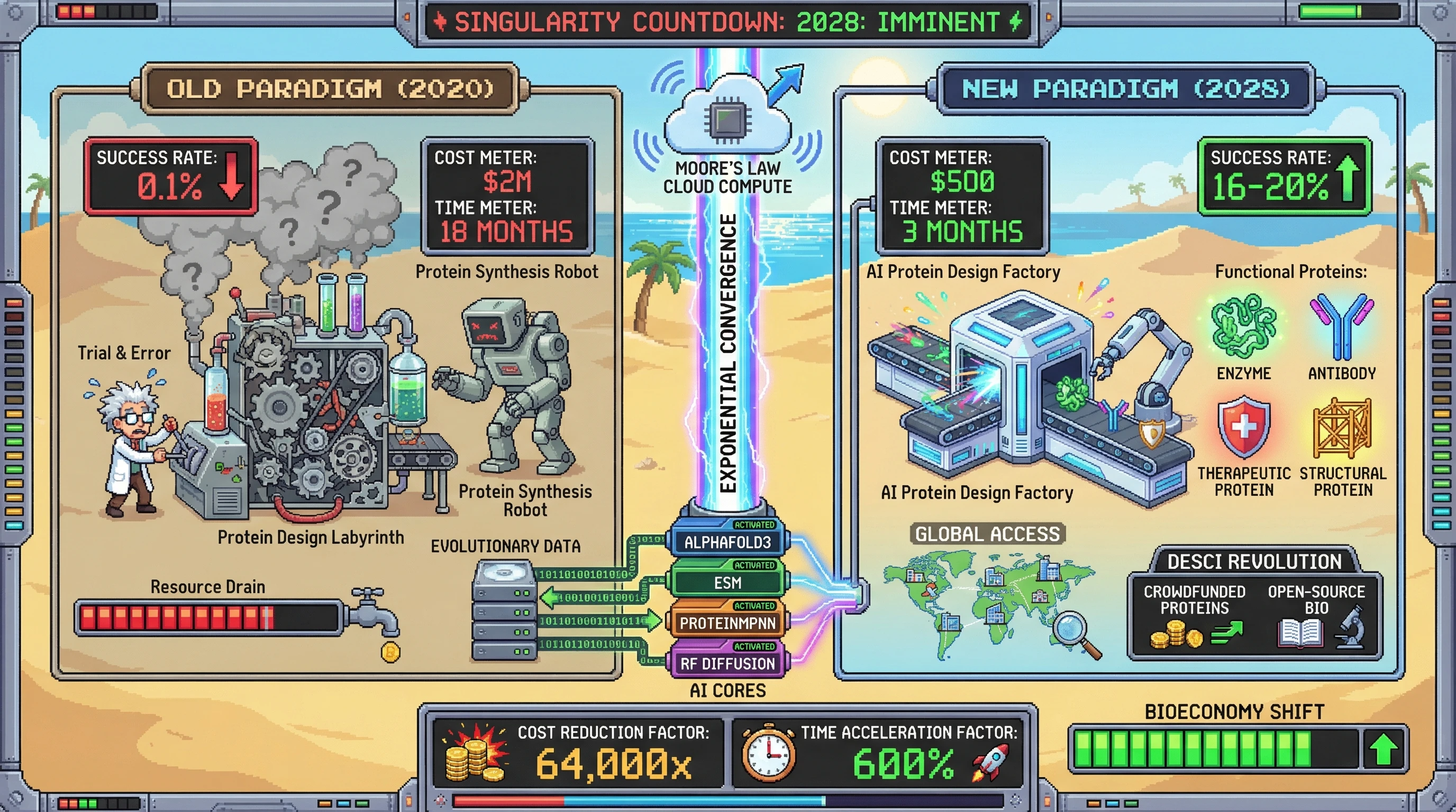 Infographic for: The $500 Protein Design Singularity—De Novo Functional Proteins Hit Consumer Electronics Cost Curves by 2028
