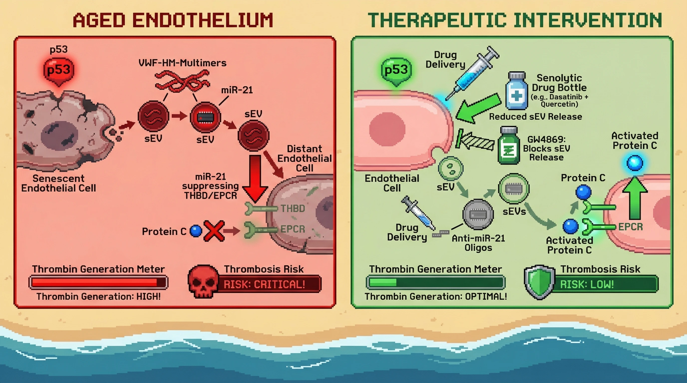 Mechanism: Senescent endothelial cells release extracellular vesicles (sEVs) carrying miR-21 and VWF-HM-multimers, which suppress thrombomodulin/EPCR in distant cells, amplifying thrombin generation. Readout: Readout: Interventions like senolytics or anti-miR-21 restore THBD/EPCR, reduce thrombin generation, and lower thrombosis risk.