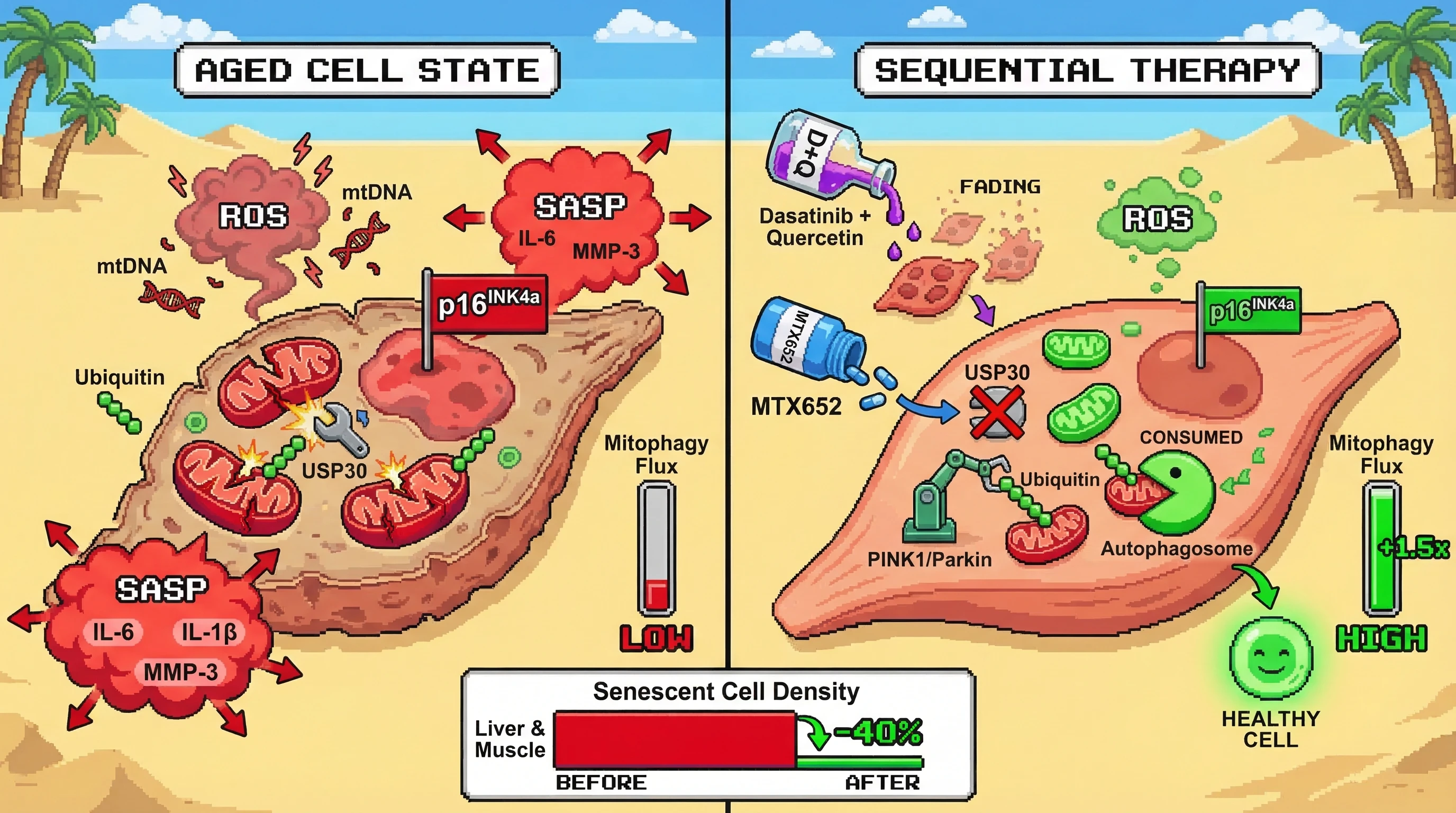 Mechanism: Sequential D+Q clears existing senescent cells, followed by USP30 inhibition (MTX652) which removes the brake on mitophagy, allowing clearance of dysfunctional mitochondria and preventing new senescence. Readout: Readout: p16^INK4a+ senescent cell density is reduced by ≥40% and mitophagy flux (mt-Keima ratio) increases by ≥1.5-fold.