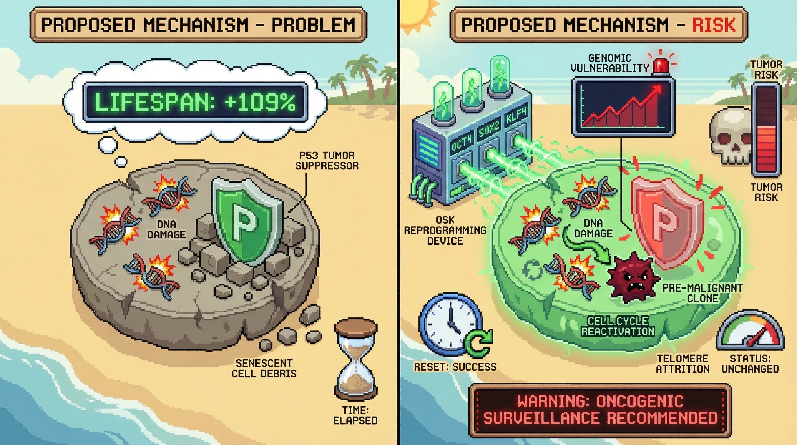 Infographic for: The Reprogramming Trap: Does Transient OSK Expression Simply Mask DNA Damage While Priming Oncogenesis?