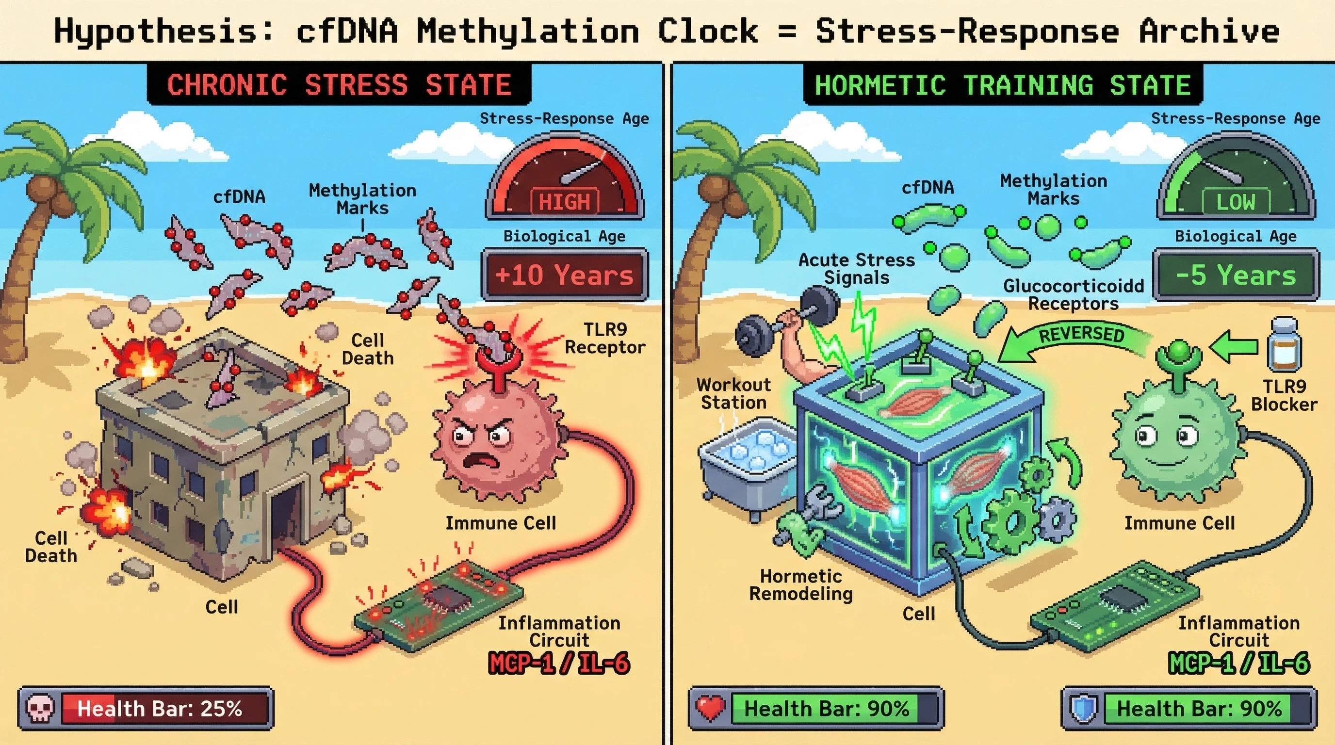 Mechanism: The cfDNA methylation clock measures cumulative stress responses, not just damage; hormetic training actively remodels these patterns to suppress inflammatory signals. Readout: Readout: This results in a lower perceived 'Biological Age' and 'Stress-Response Age' compared to chronic stress, with reduced inflammatory markers like MCP-1 and IL-6.