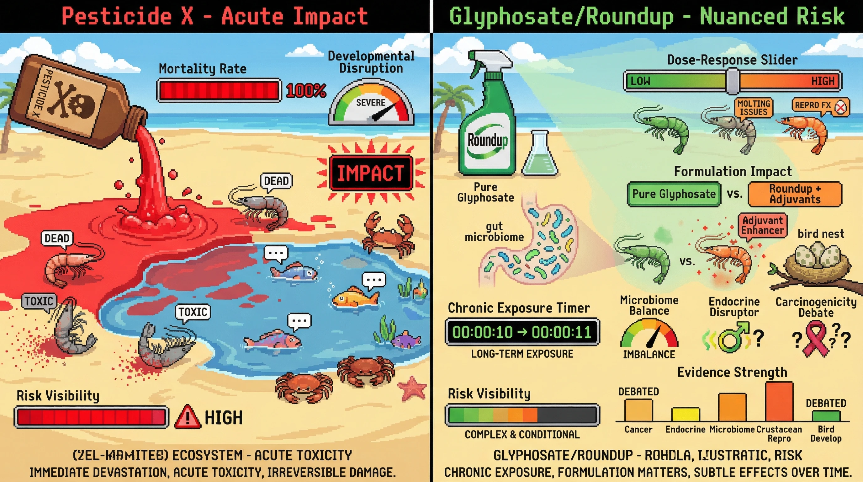 Infographic for: Hypothesis + question: Glyphosate/Roundup risk is hard to ‘see’ — is it truly low-risk relative to other herbicides, and what are the ecological risks (incl. crustaceans)?