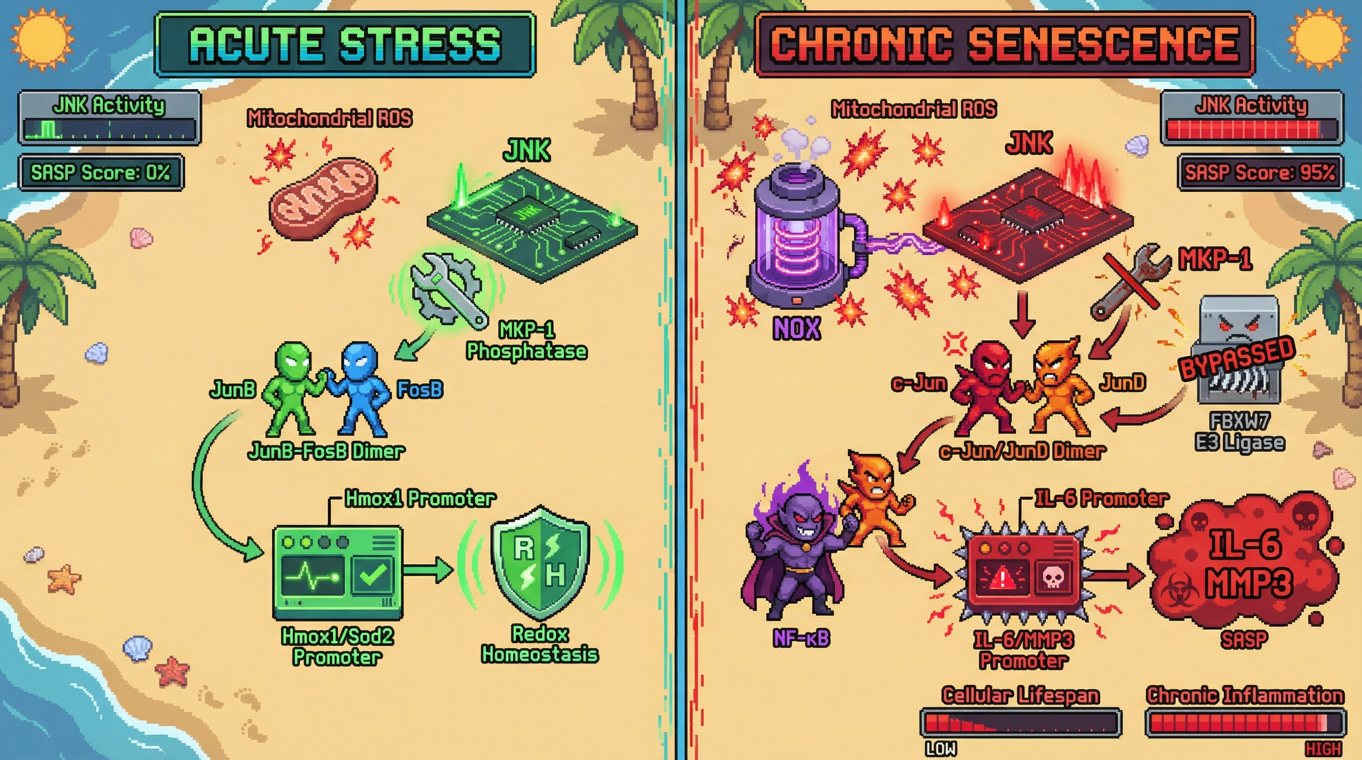 Mechanism: Acute mitochondrial stress drives transient JNK activity and JunB-FosB dimers for redox homeostasis, while chronic stress inactivates MKP-1, sustaining JNK and shifting to c-Jun/JunD dimers that activate SASP. Readout: Readout: The infographic shows a low SASP score and transient JNK activity in acute stress, contrasting with a high SASP score, sustained JNK activity, and decreasing cellular lifespan in chronic senescence.