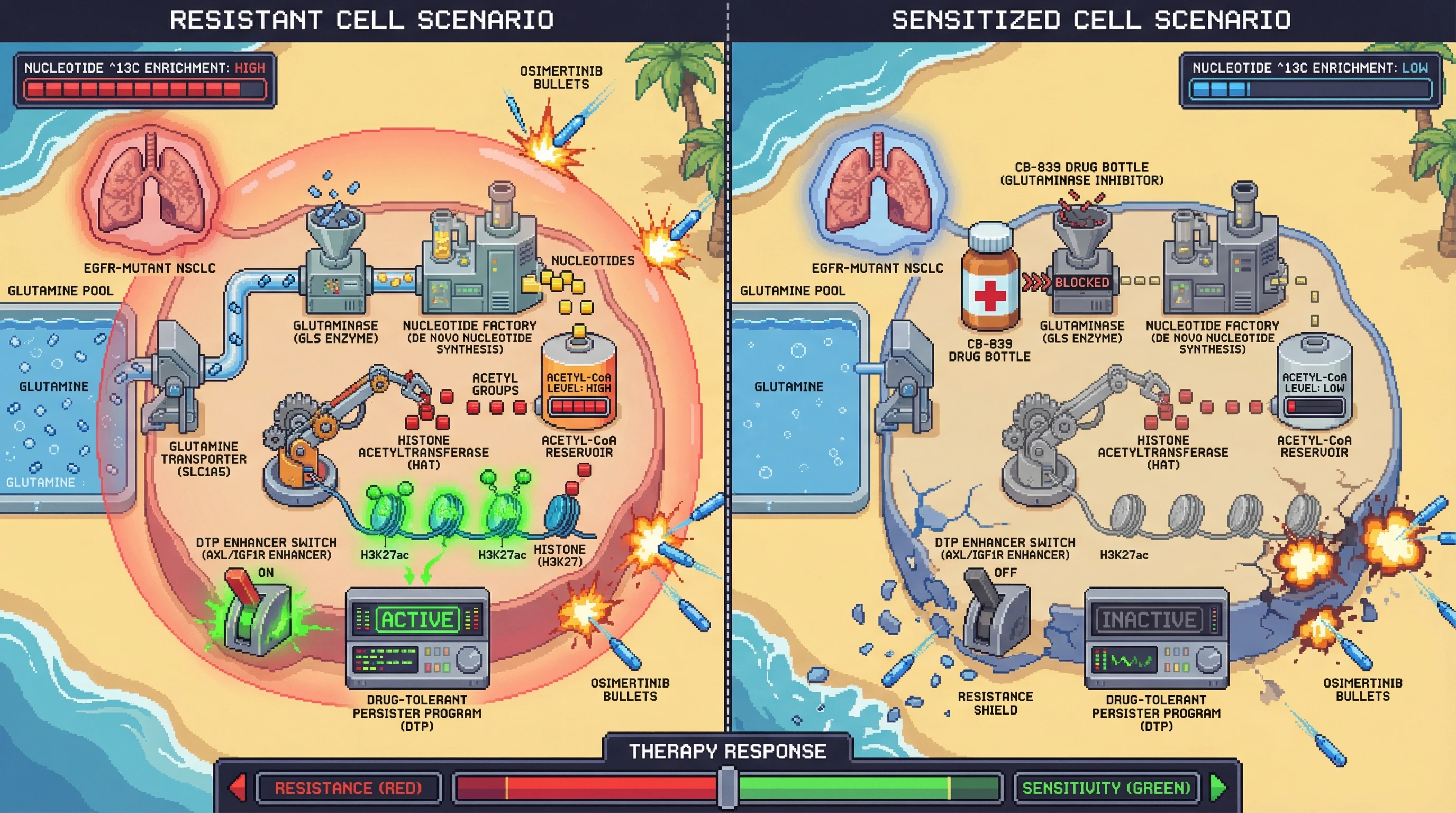 Infographic for: Glutamine‑Driven Nucleotide Synthesis Fuels Reversible H3K27ac Changes that Confer Adaptive Resistance to EGFR Inhibitors in Lung Adenocarcinoma