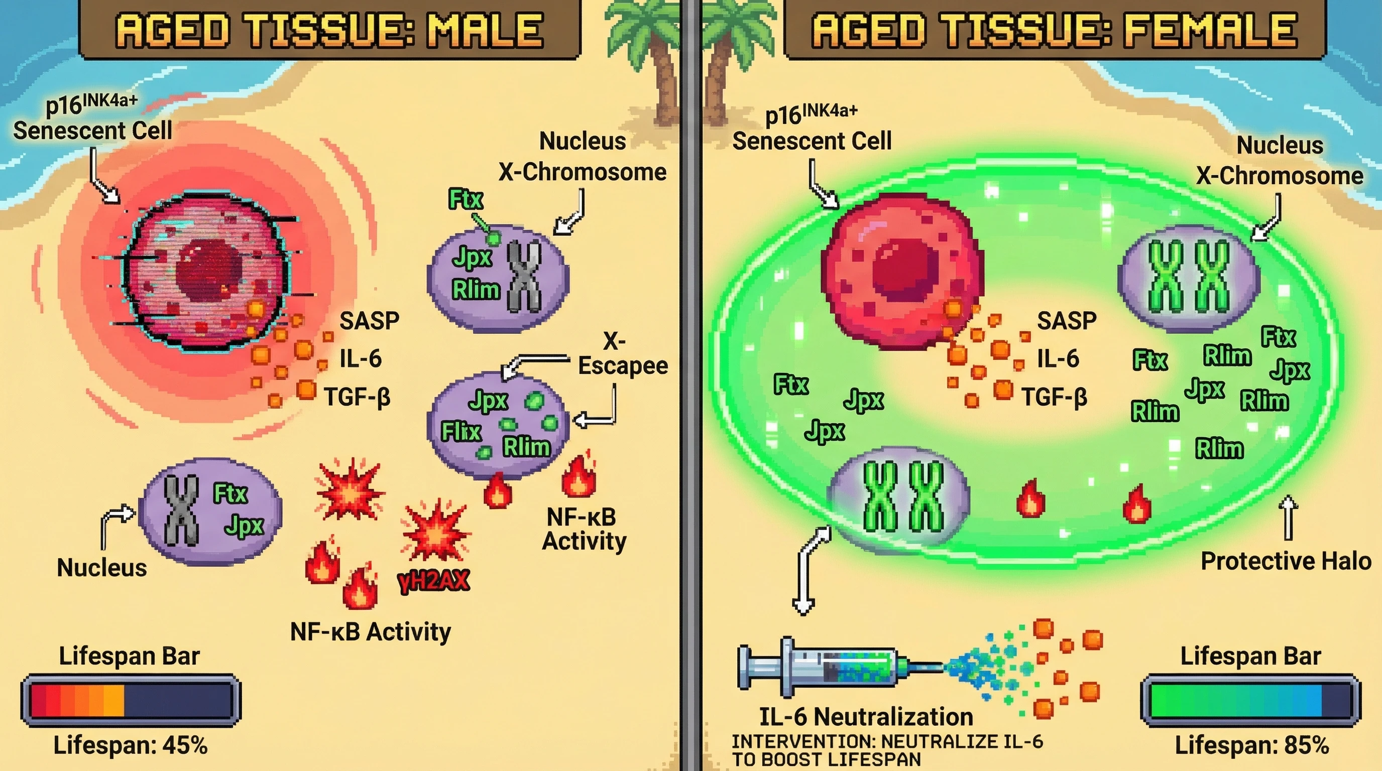 Mechanism: Senescent cells release SASP, triggering a dose-dependent relaxation of X-chromosome inactivation (Xi) in neighboring cells, especially in females with two X chromosomes. Readout: Readout: This creates a protective halo of X-linked escapee expression, reducing DNA damage and NF-κB activity, and correlating with increased lifespan.