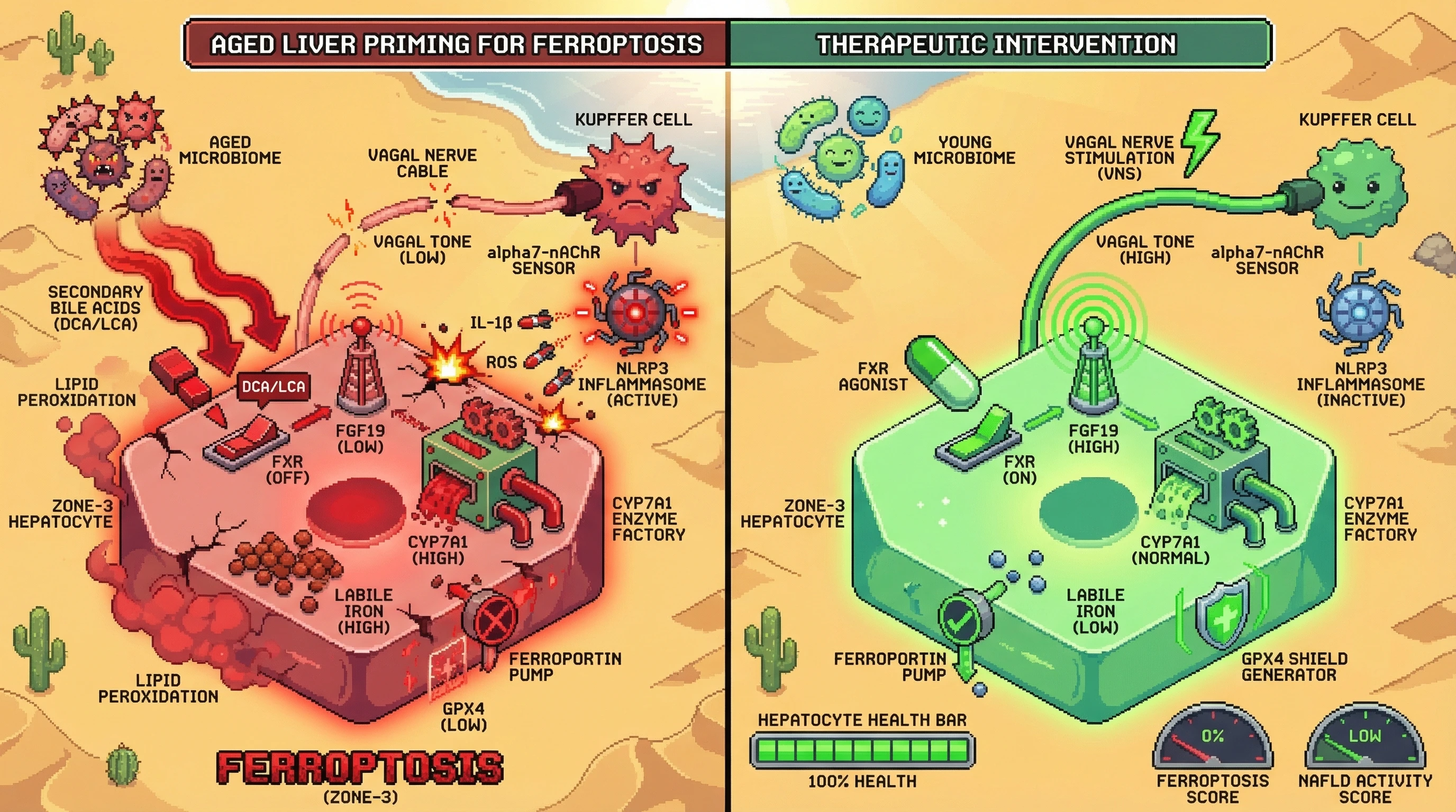 Infographic for: Age-related dysbiosis primes zone 3 hepatocytes for ferroptosis via bile acid-FXR-GPX4 uncoupling and vagal afferent silencing